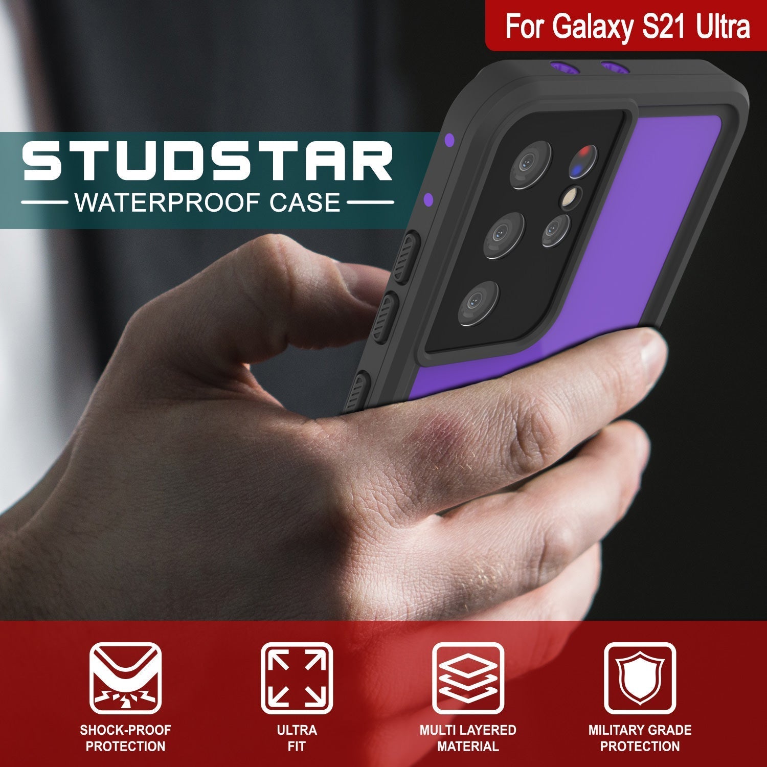 Galaxy S22 Ultra Waterproof Case PunkCase StudStar Purple Thin 6.6ft Underwater IP68 Shock/Snow Proof
