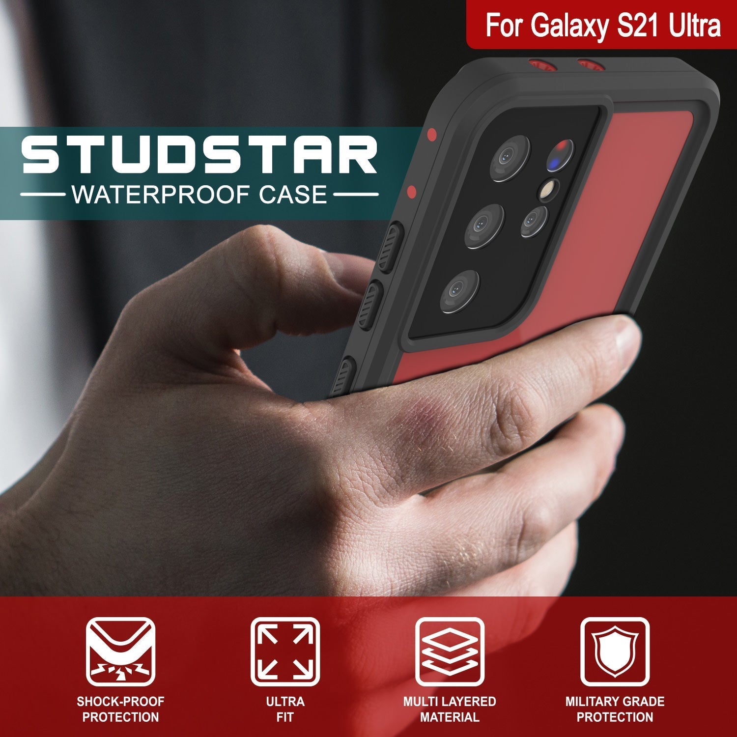 Galaxy S22 Ultra Waterproof Case PunkCase StudStar Red Thin 6.6ft Underwater IP68 Shock/Snow Proof