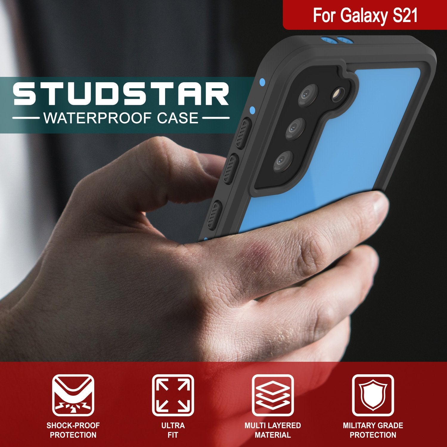 Galaxy S21 Waterproof Case PunkCase StudStar Light Blue Thin 6.6ft Underwater IP68 ShockProof