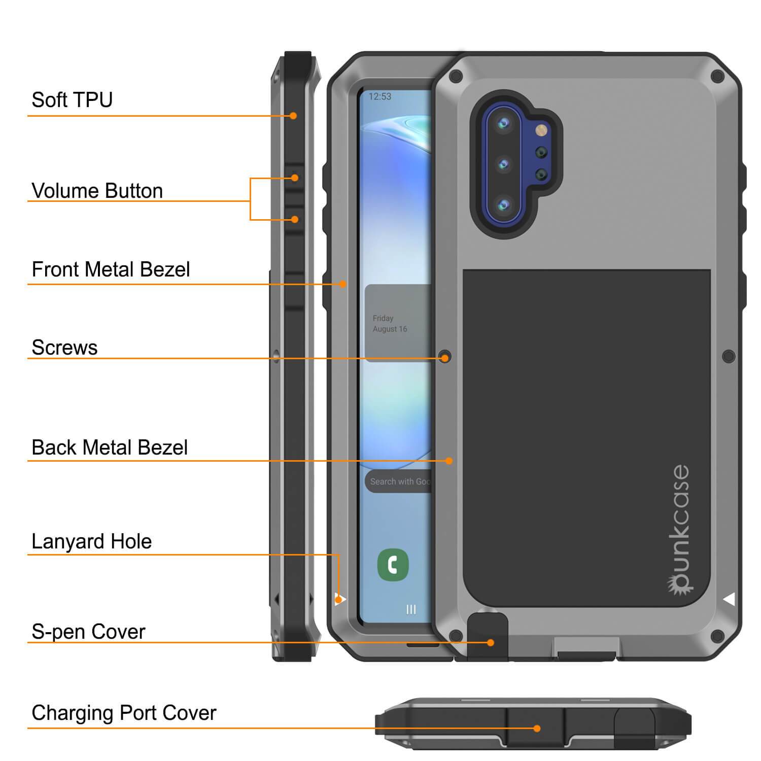 Galaxy Note 10+ Plus  Case, PUNKcase Metallic Silver Shockproof  Slim Metal Armor Case [Silver]