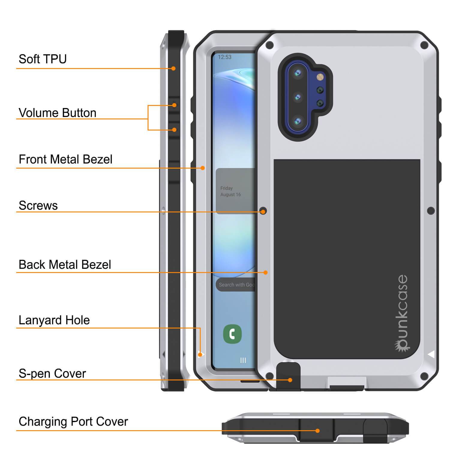 Galaxy Note 10+ Plus  Case, PUNKcase Metallic White Shockproof  Slim Metal Armor Case [White]