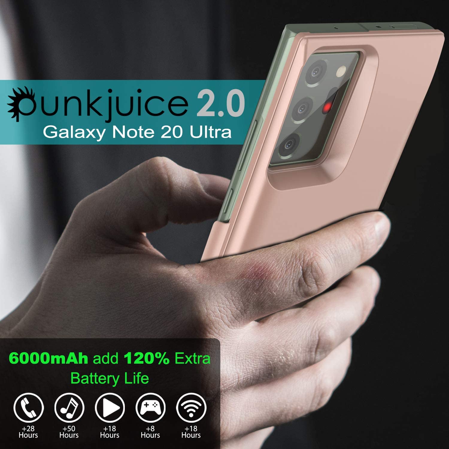 Galaxy Note 20 Ultra 6000mAH Battery Charger PunkJuice 2.0 Slim Case [Rose-Gold]
