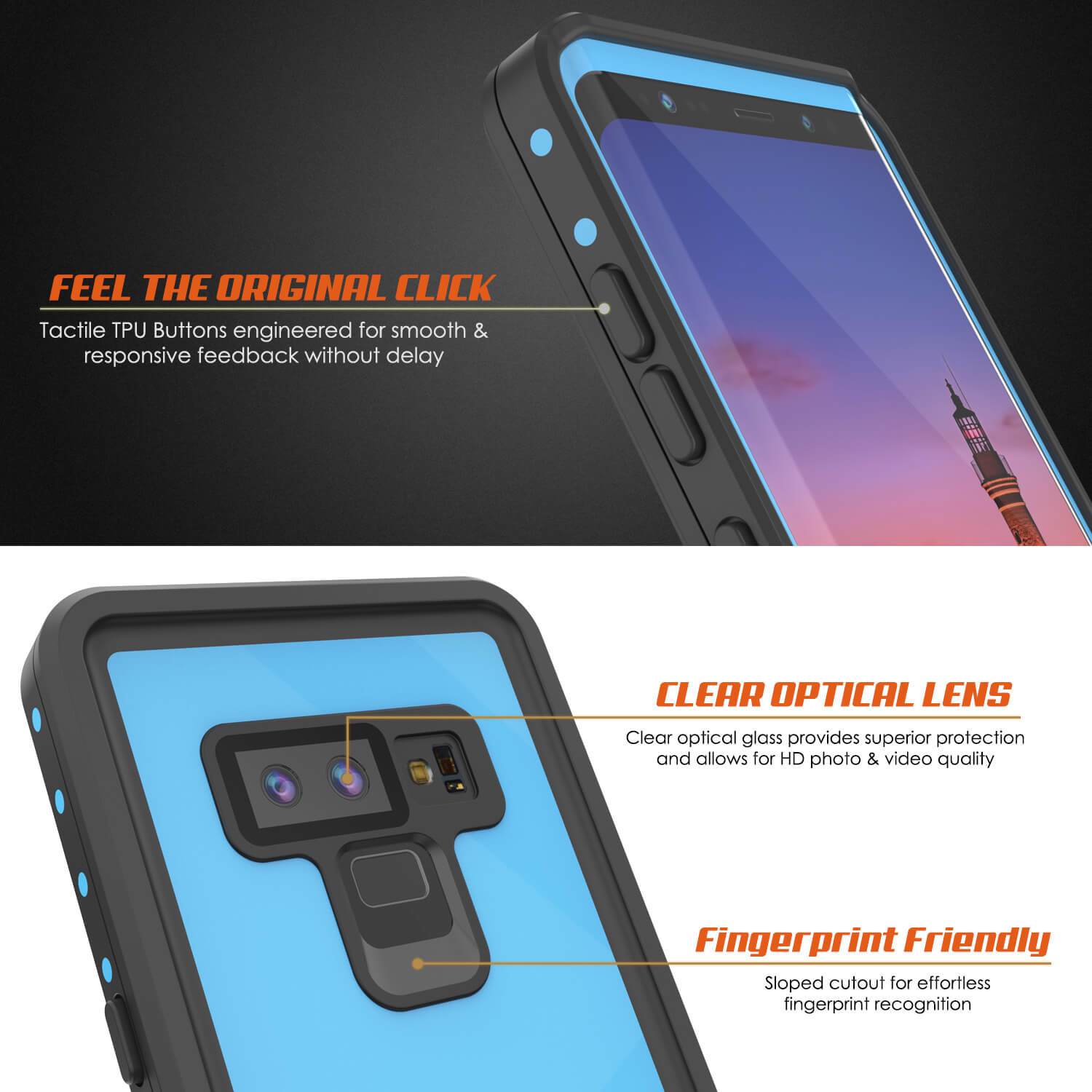 Galaxy Note 9 Waterproof Case PunkCase StudStar Light Blue Thin 6.6ft Underwater ShockProof