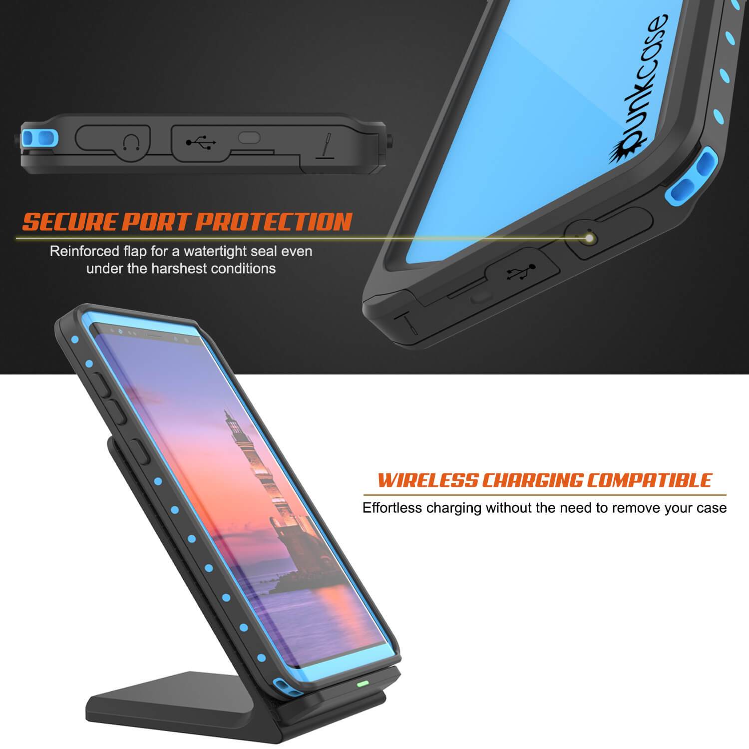 Galaxy Note 9 Waterproof Case PunkCase StudStar Light Blue Thin 6.6ft Underwater ShockProof
