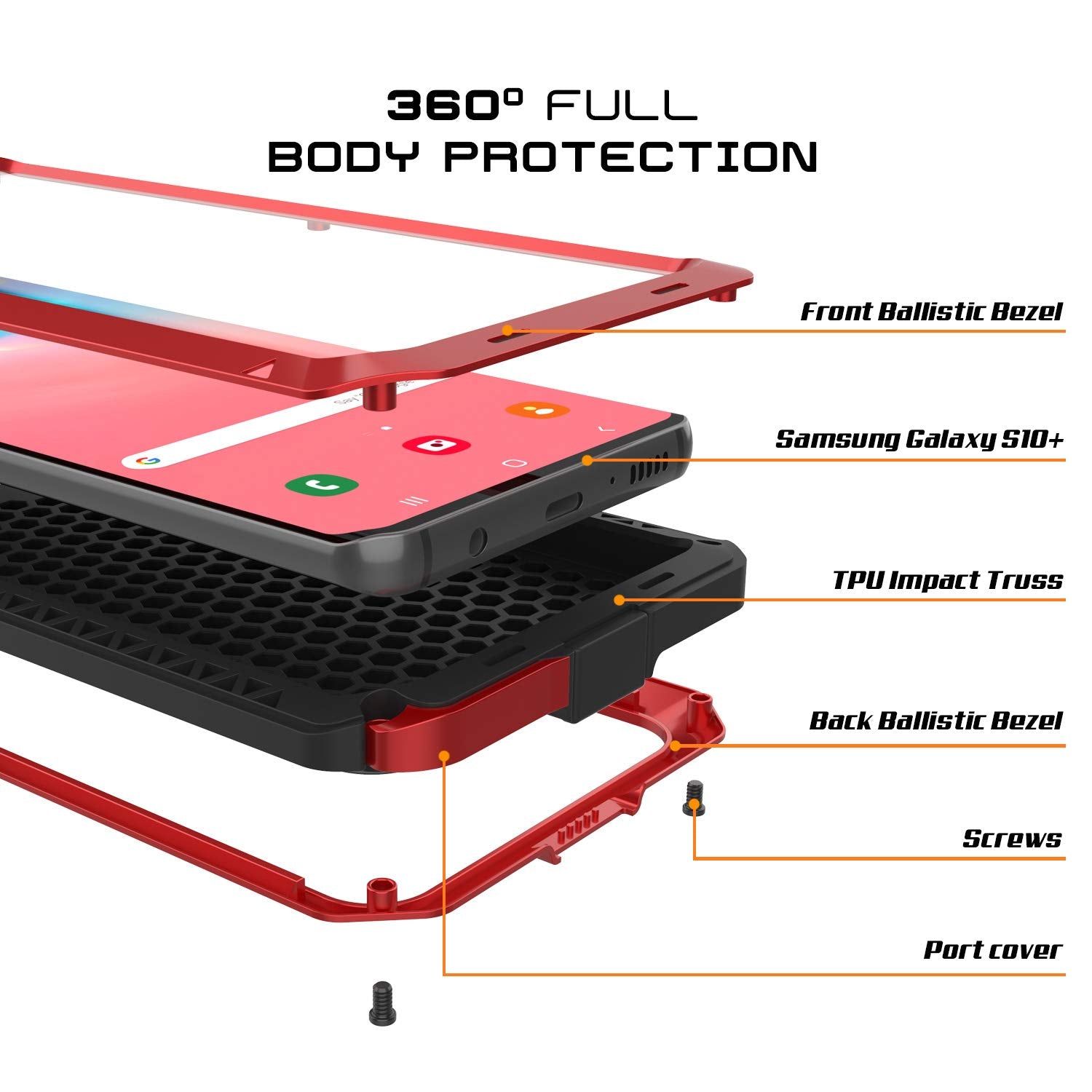 Galaxy S10+ Plus Metal Case, Heavy Duty Military Grade Rugged Armor Cover [Red]