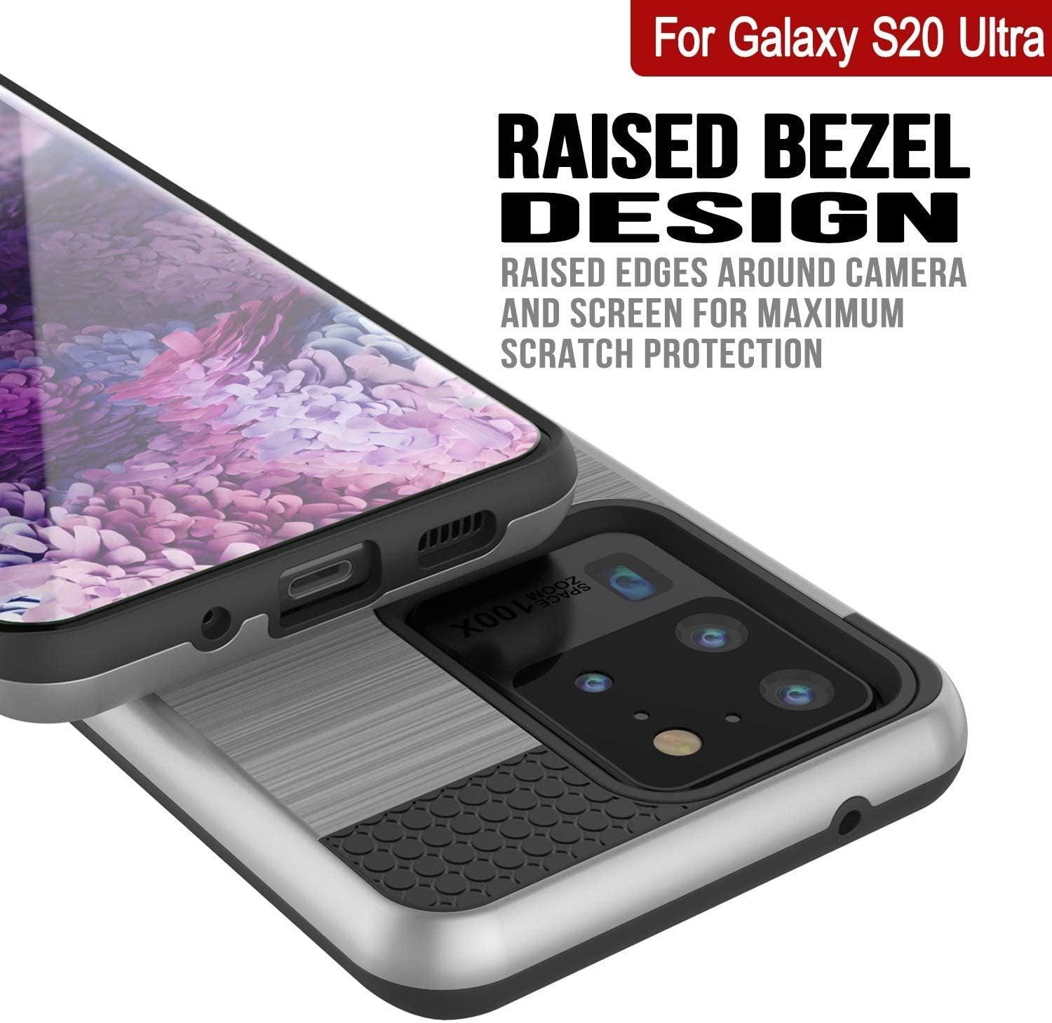 Galaxy S20 Ultra Case, PUNKcase [SLOT Series] [Slim Fit] Dual-Layer Armor Cover w/Integrated Anti-Shock System, Credit Card Slot [Silver]