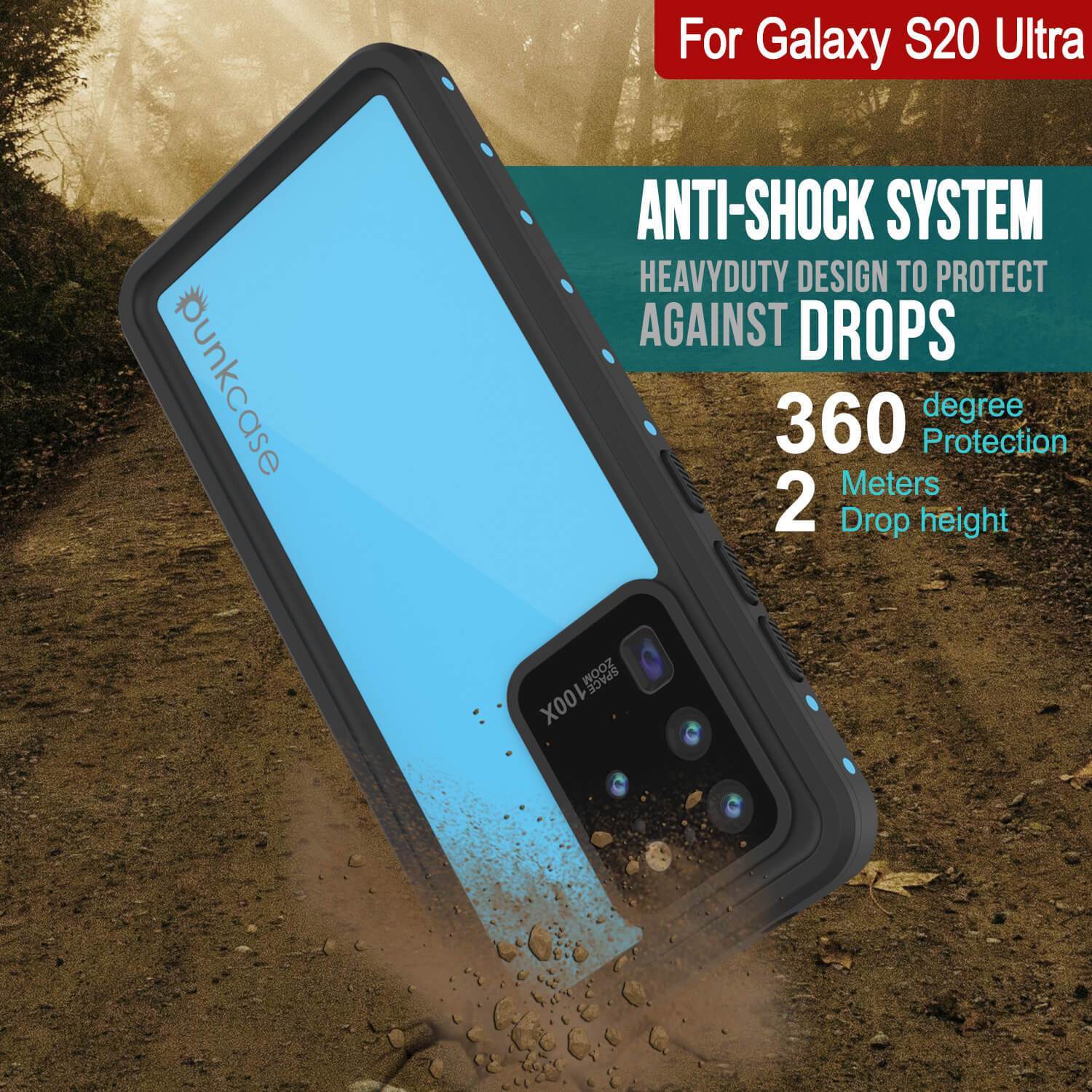 Galaxy S20 Ultra Waterproof Case PunkCase StudStar Light Blue Thin 6.6ft Underwater IP68 ShockProof