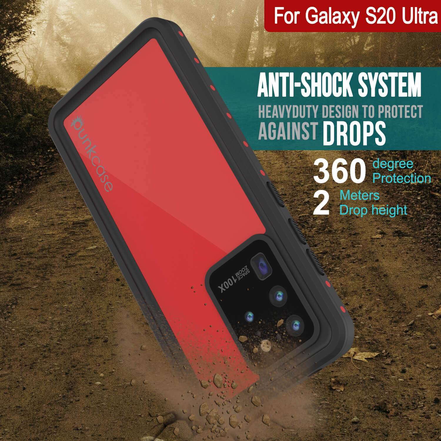 Galaxy S20 Ultra Waterproof Case PunkCase StudStar Red Thin 6.6ft Underwater IP68 Shock/Snow Proof