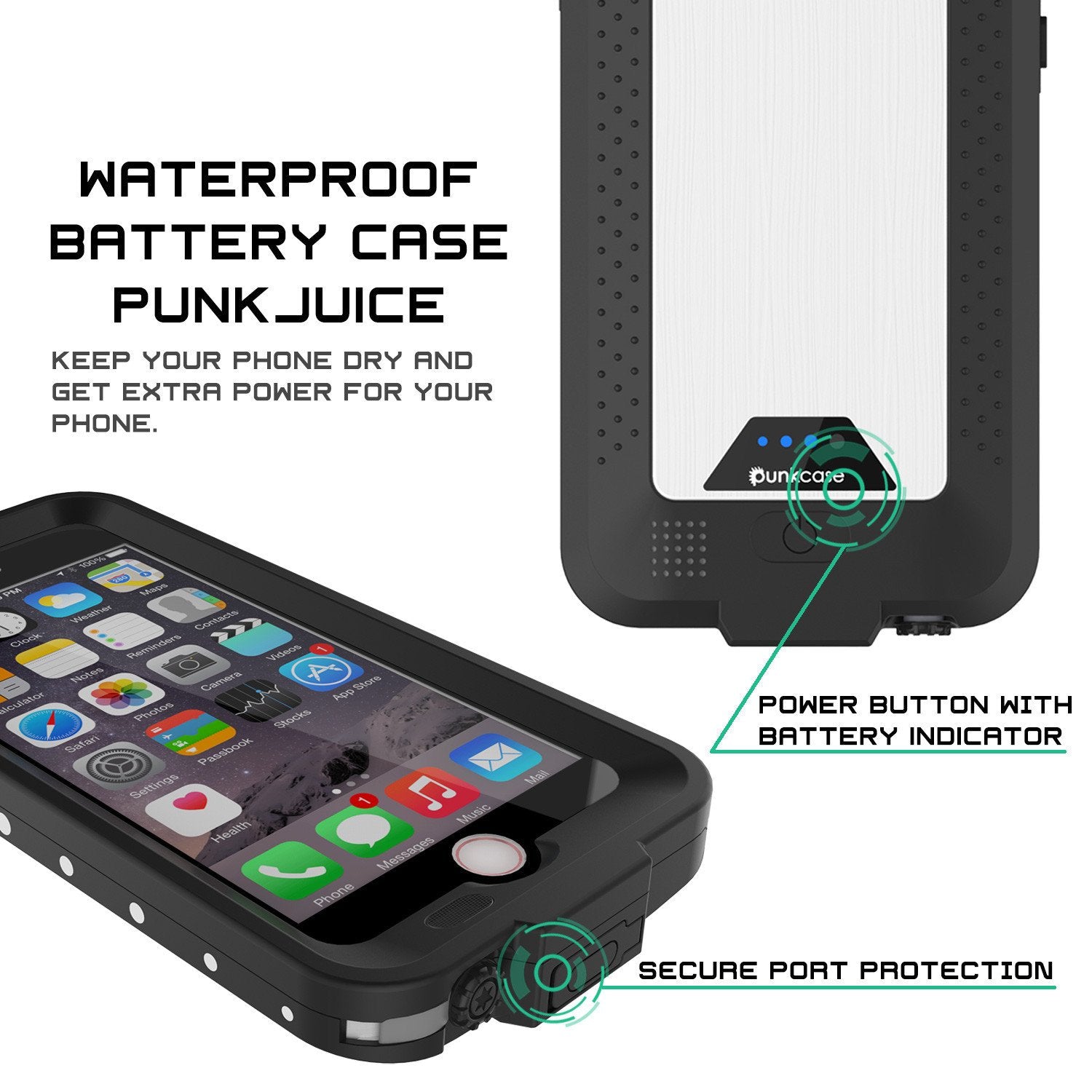 PunkJuice iPhone 6+ Plus/6s+ Plus Battery Case White - Waterproof Power Juice Bank w/ 4300mAh