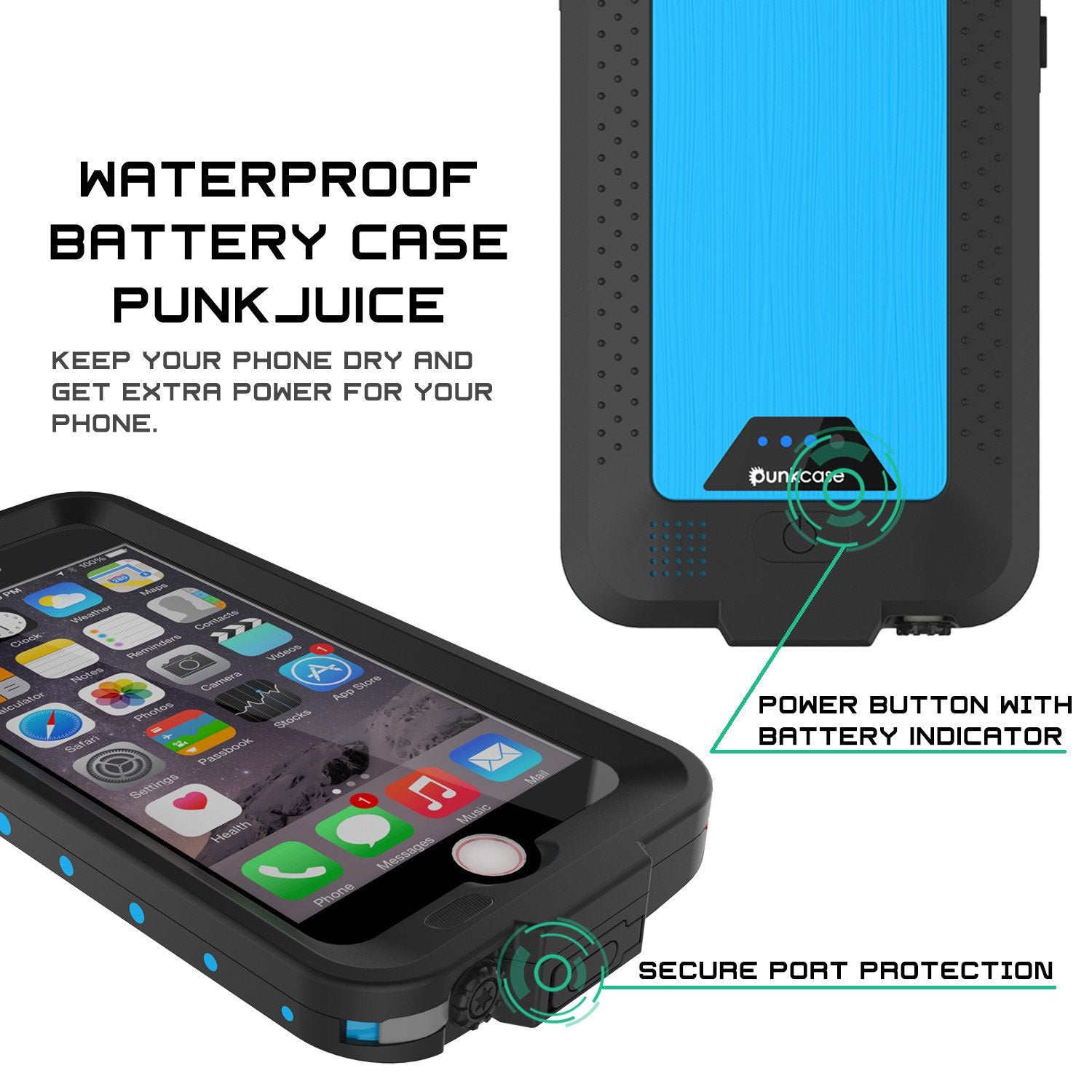 PunkJuice iPhone 6+ Plus/6s+ Plus Battery Case Light Blue - Waterproof Slim Juice Bank with 4300mAh