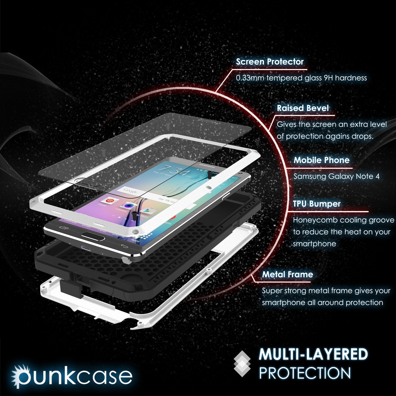 Note 4 Case, Punkcase® METALLIC Series WHITE w/ TEMPERED GLASS | Aluminum Frame