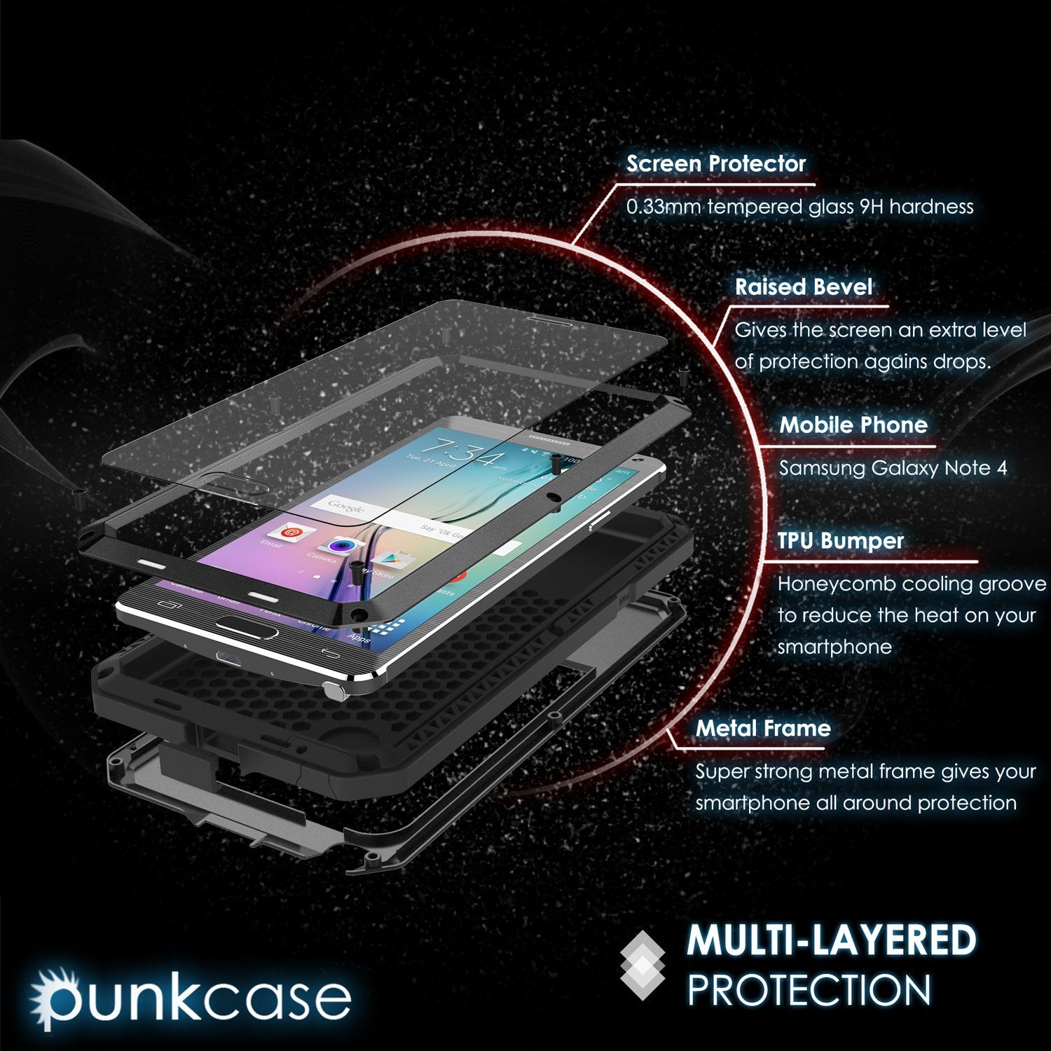 Note 4 Case, Punkcase® METALLIC Series BLACK w/ TEMPERED GLASS | Aluminum Frame