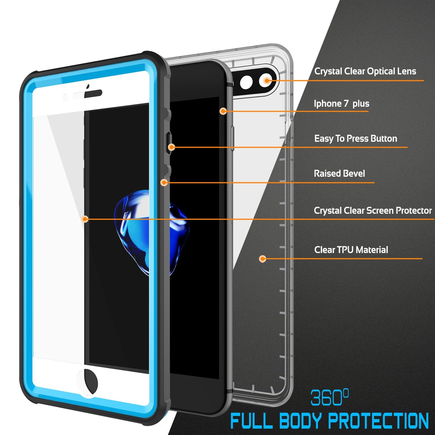 iPhone 7+ Plus Waterproof Case, PUNKcase CRYSTAL Light Blue  W/ Attached Screen Protector  | Warranty
