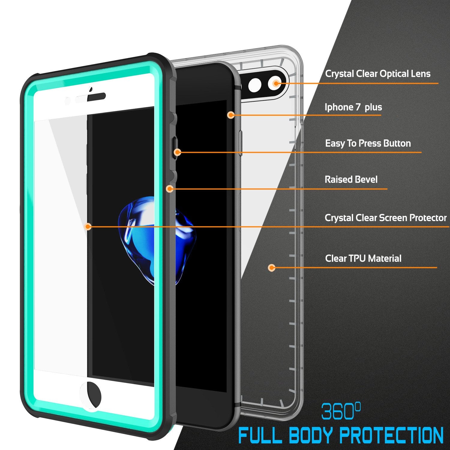 iPhone 7+ Plus Waterproof Case, PUNKcase CRYSTAL Teal W/ Attached Screen Protector  | Warranty