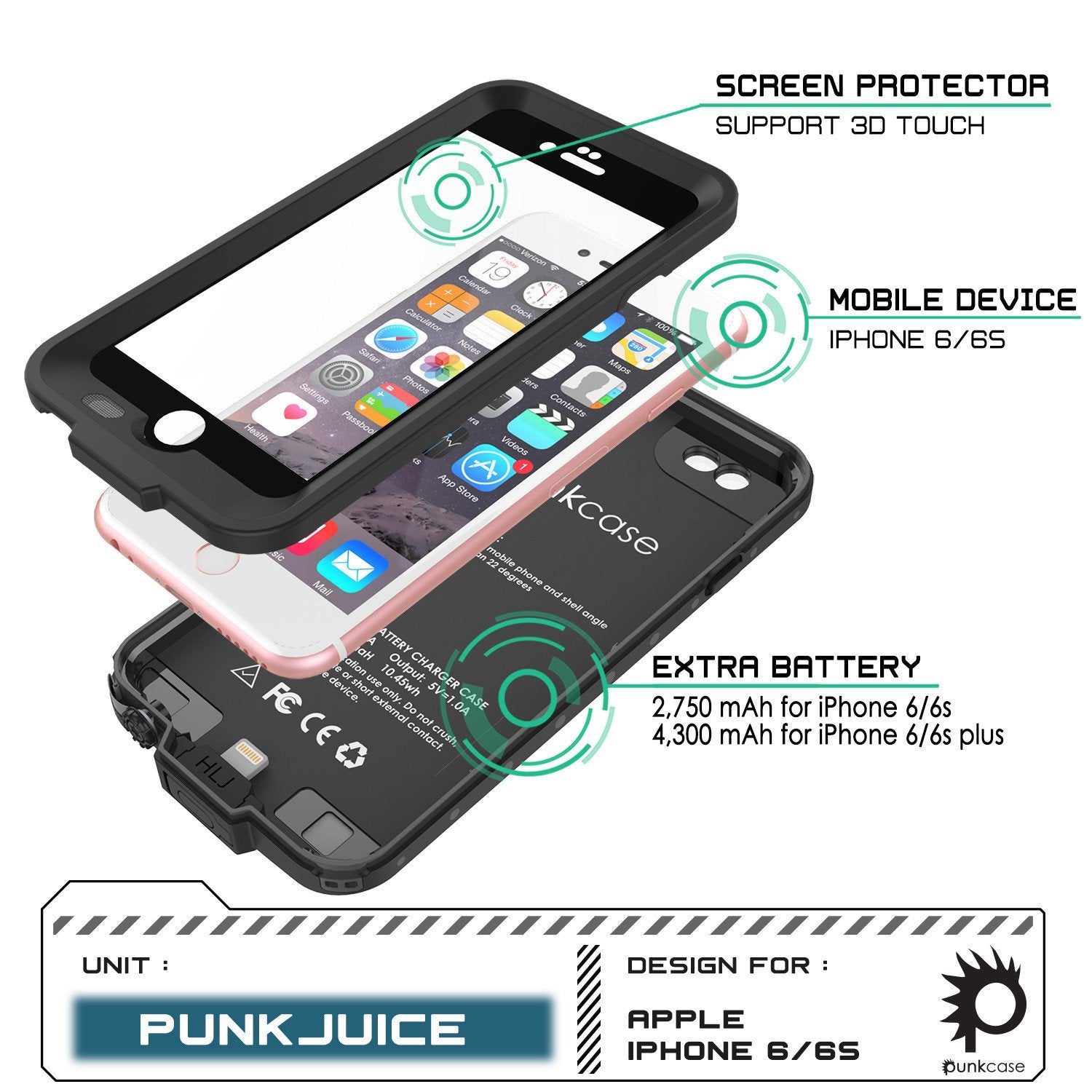 PunkJuice iPhone 6+ Plus/6s+ Plus Battery Case Black - Waterproof Slim Power Juice Bank with 4300mAh
