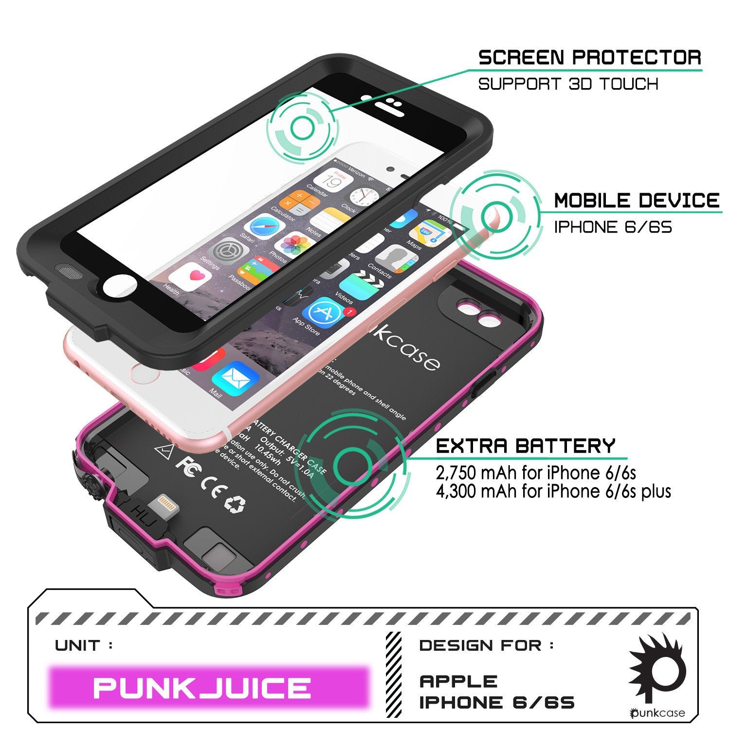 PunkJuice iPhone 6+ Plus/6s+ Plus Battery Case Pink - Waterproof Power Juice Bank w/ 4300mAh