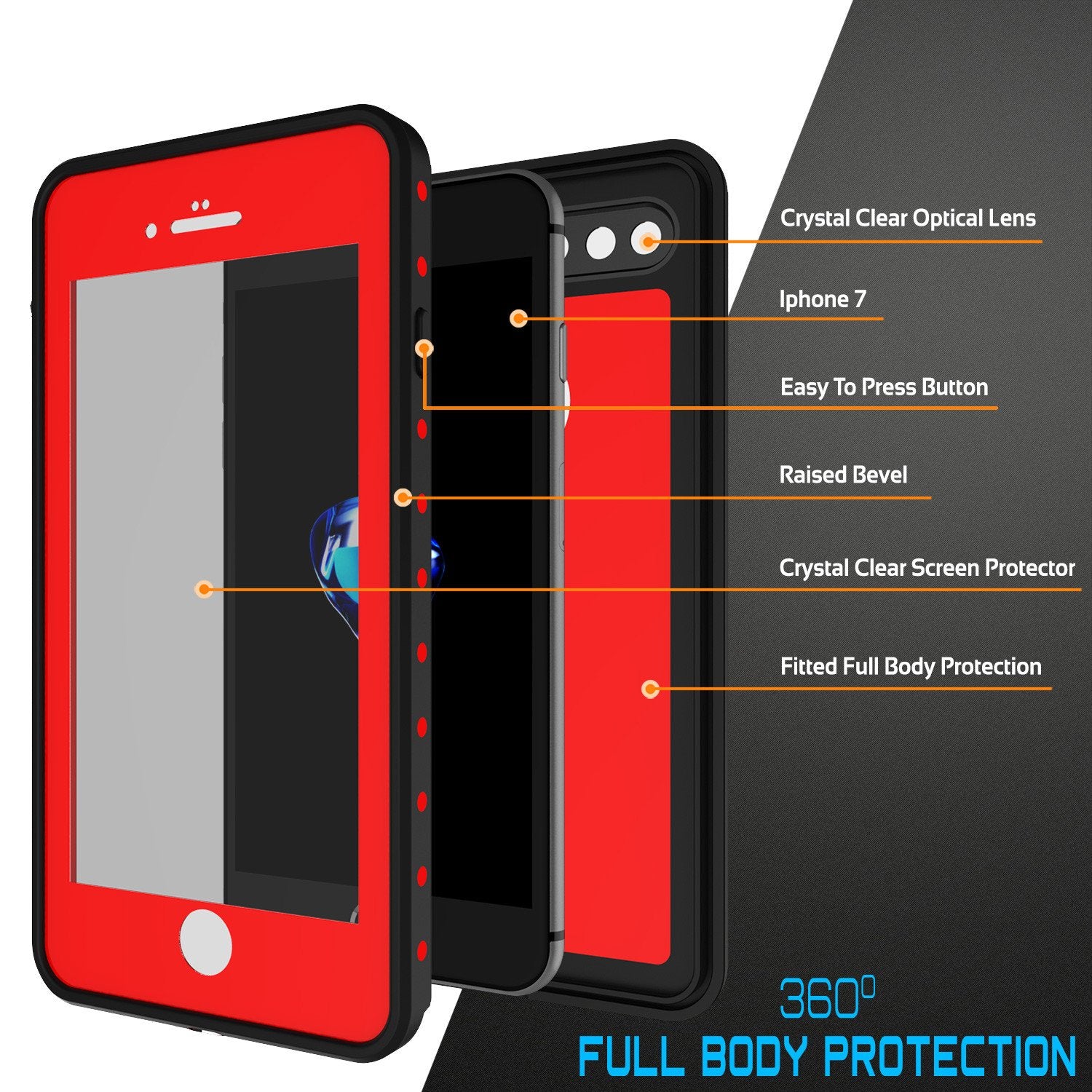 iPhone 7+ Plus Waterproof IP68 Case, Punkcase [Red] [StudStar Series] [Slim Fit] [Dirtproof]