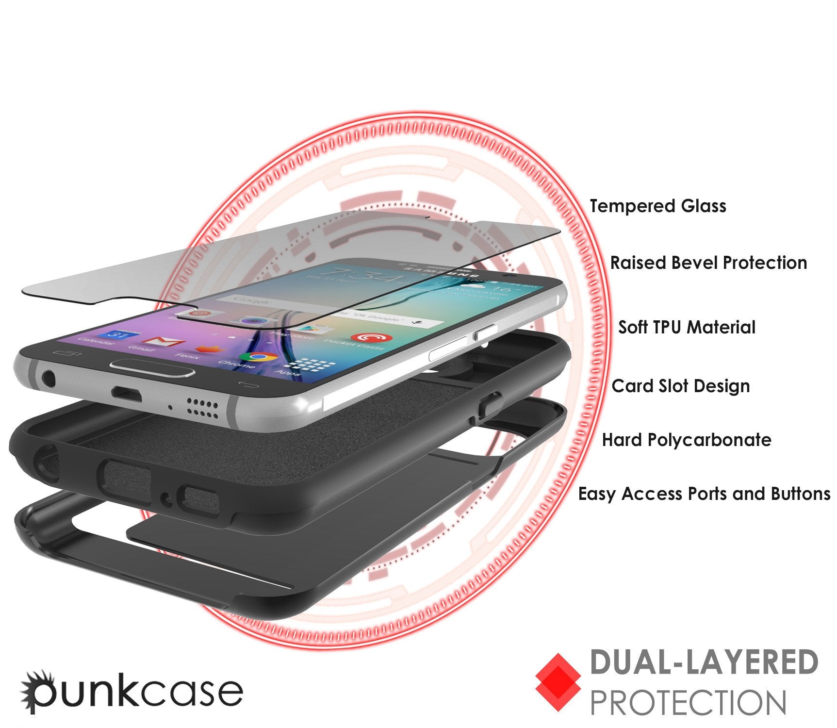 Galaxy s6 Case PunkCase CLUTCH Black Series Slim Armor Soft Cover Case w/ Tempered Glass