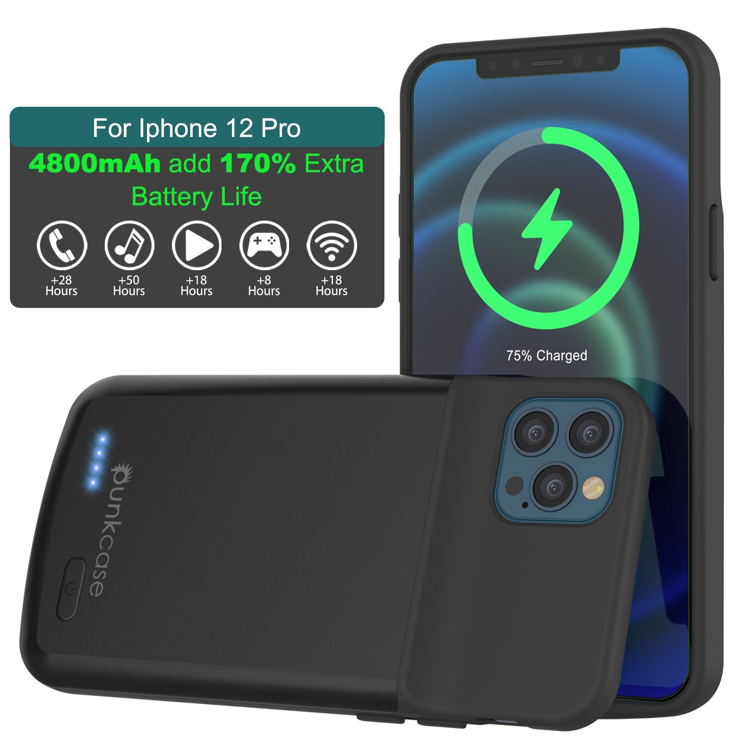 iPhone 12 Pro Battery Case, PunkJuice 4800mAH Fast Charging Power Bank W/ Screen Protector | [Black]
