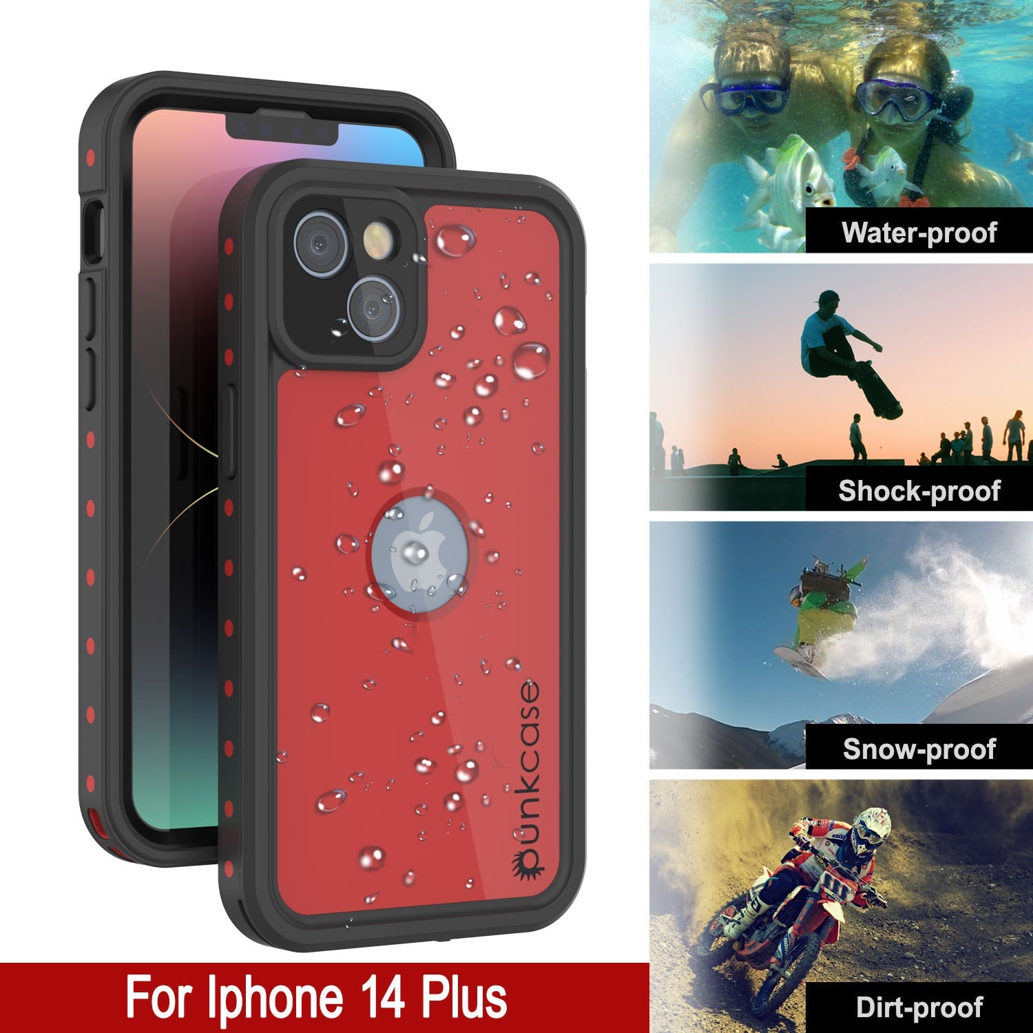 iPhone 14 Plus Waterproof IP68 Case, Punkcase [Red] [StudStar Series] [Slim Fit]