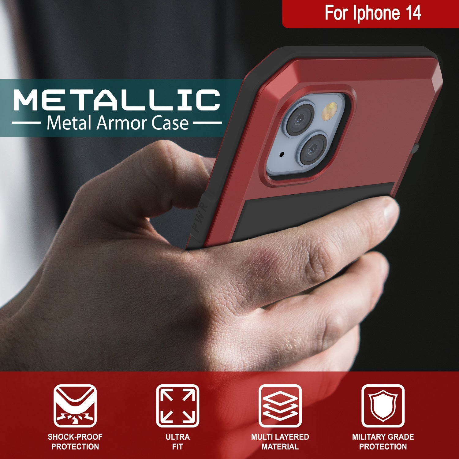 iPhone 14 Metal Case, Heavy Duty Military Grade Armor Cover [shock proof] Full Body Hard [Red]