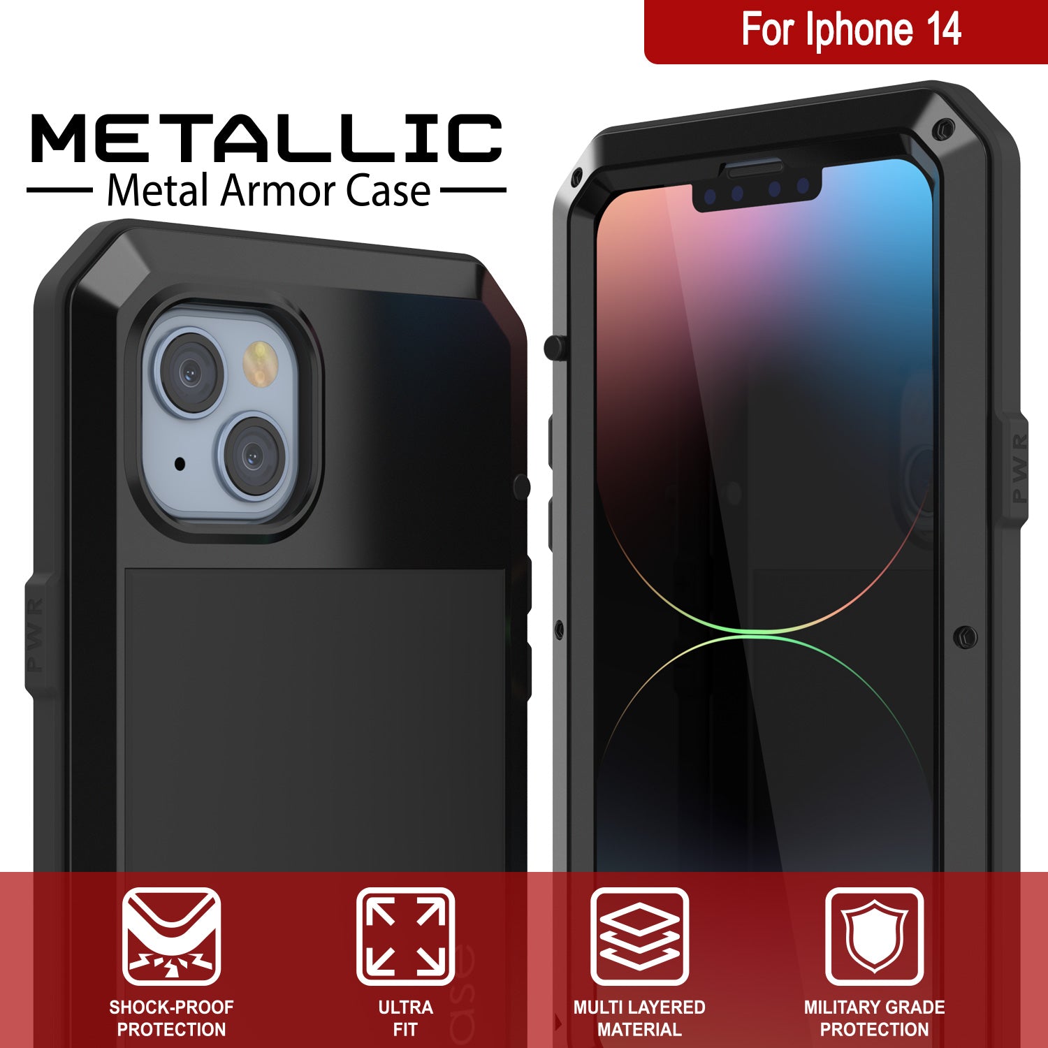 iPhone 14 Metal Case, Heavy Duty Military Grade Armor Cover [shock proof] Full Body Hard [Black]