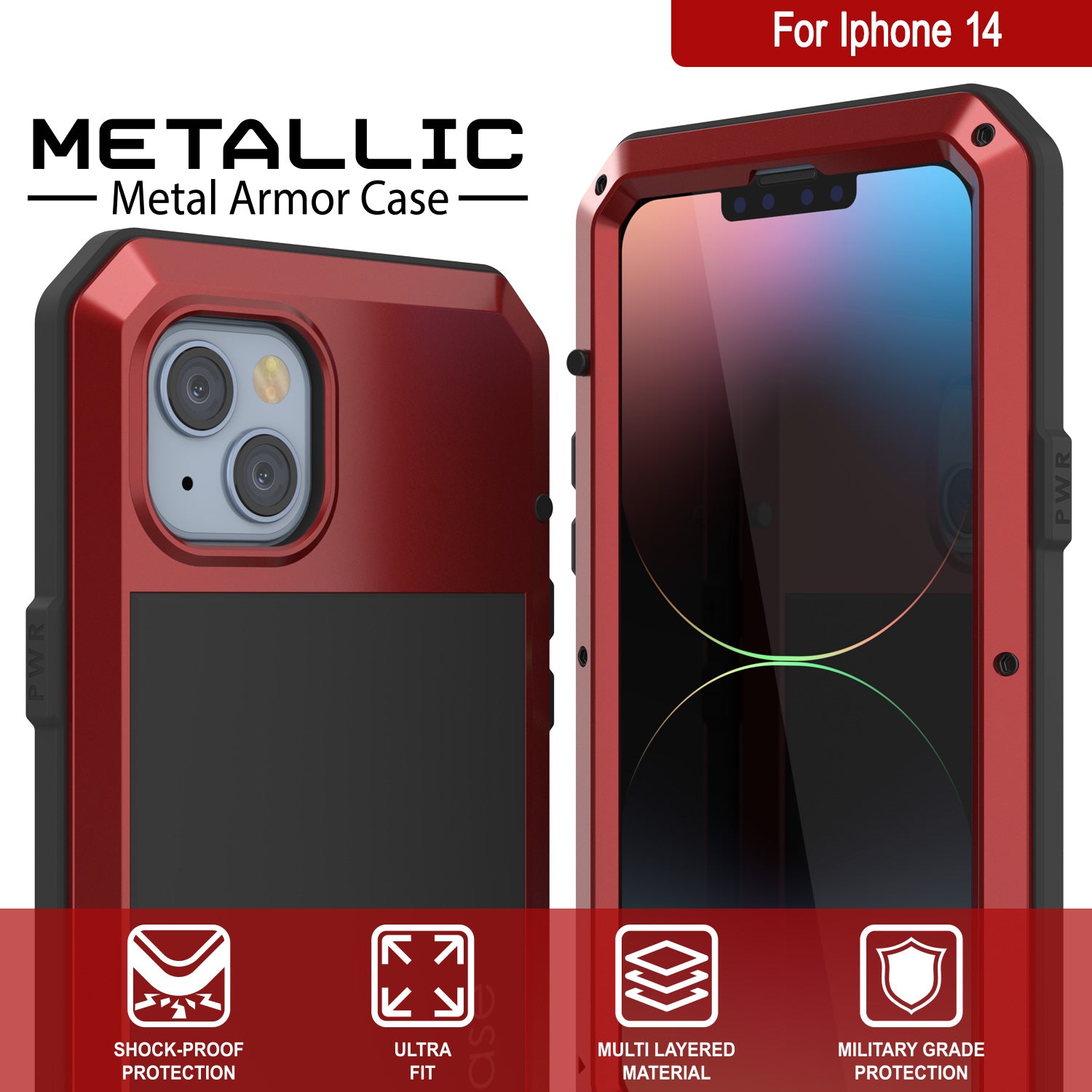 iPhone 14 Metal Case, Heavy Duty Military Grade Armor Cover [shock proof] Full Body Hard [Red]