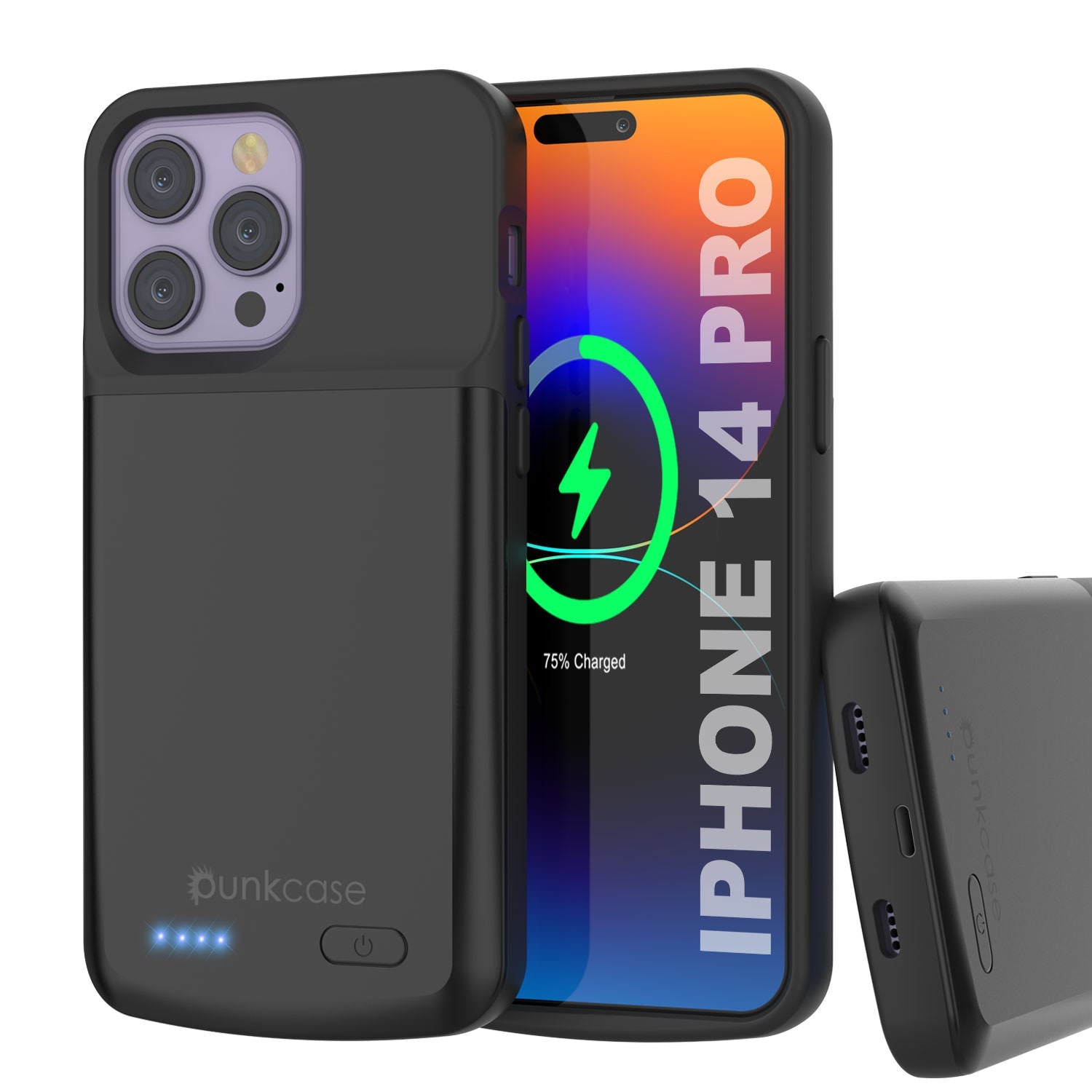iPhone 14 Pro Battery Case, PunkJuice 4800mAH Fast Charging Power Bank W/ Screen Protector | [Black]