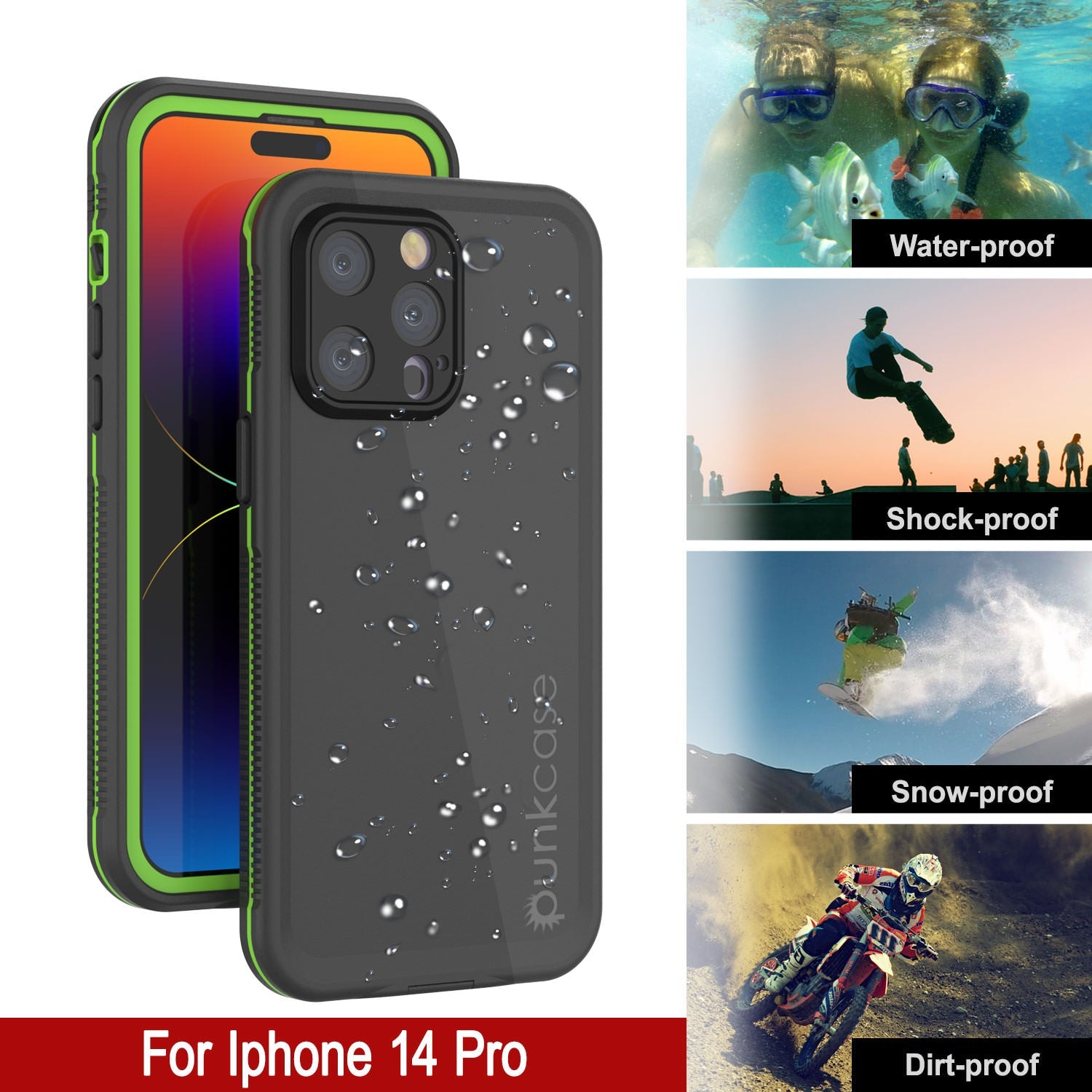 Punkcase iPhone 14 Pro Waterproof Case [Aqua Series] Armor Cover [Black-Green]