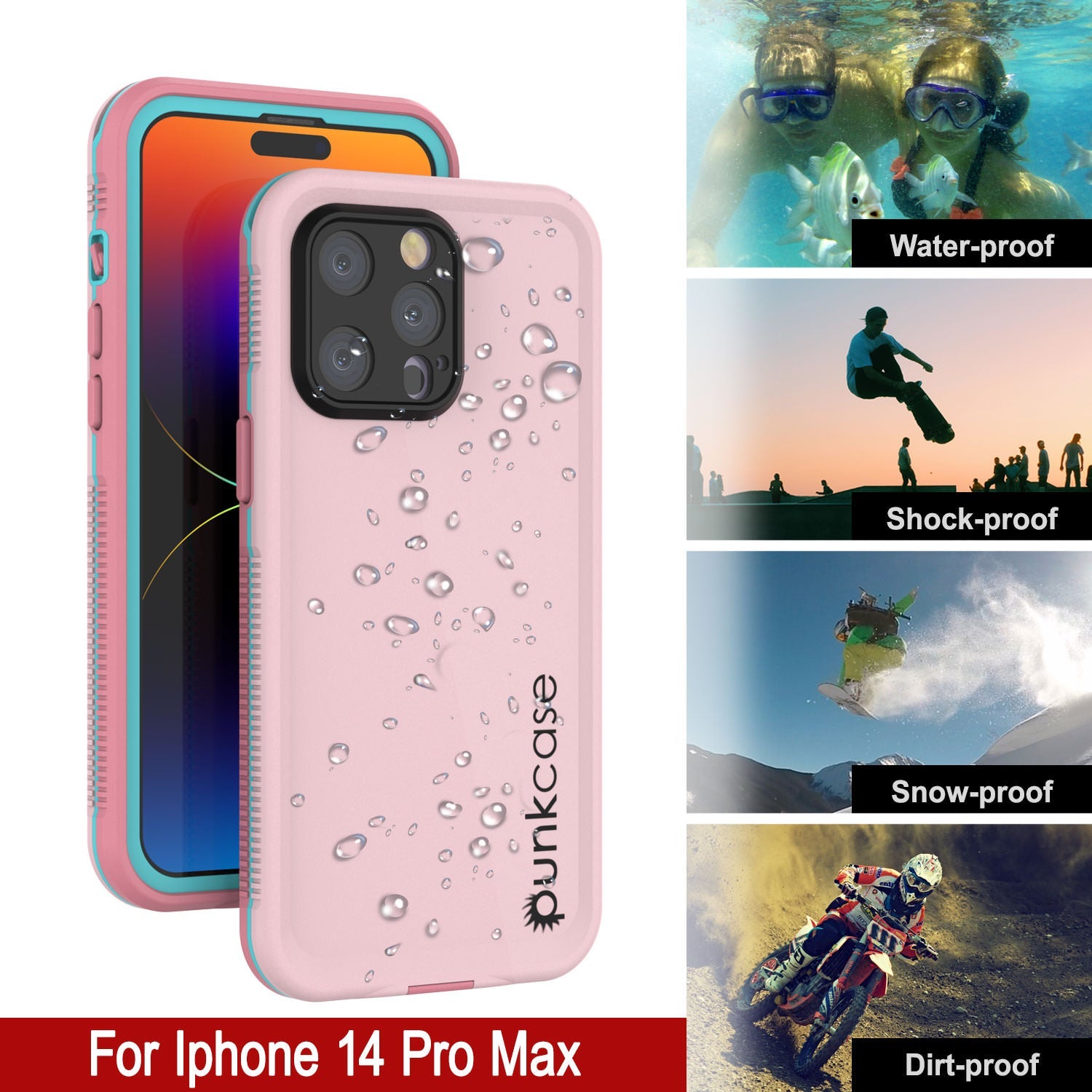 Punkcase iPhone 14 Pro Max Waterproof Case [Aqua Series] Armor Cover [Pink]