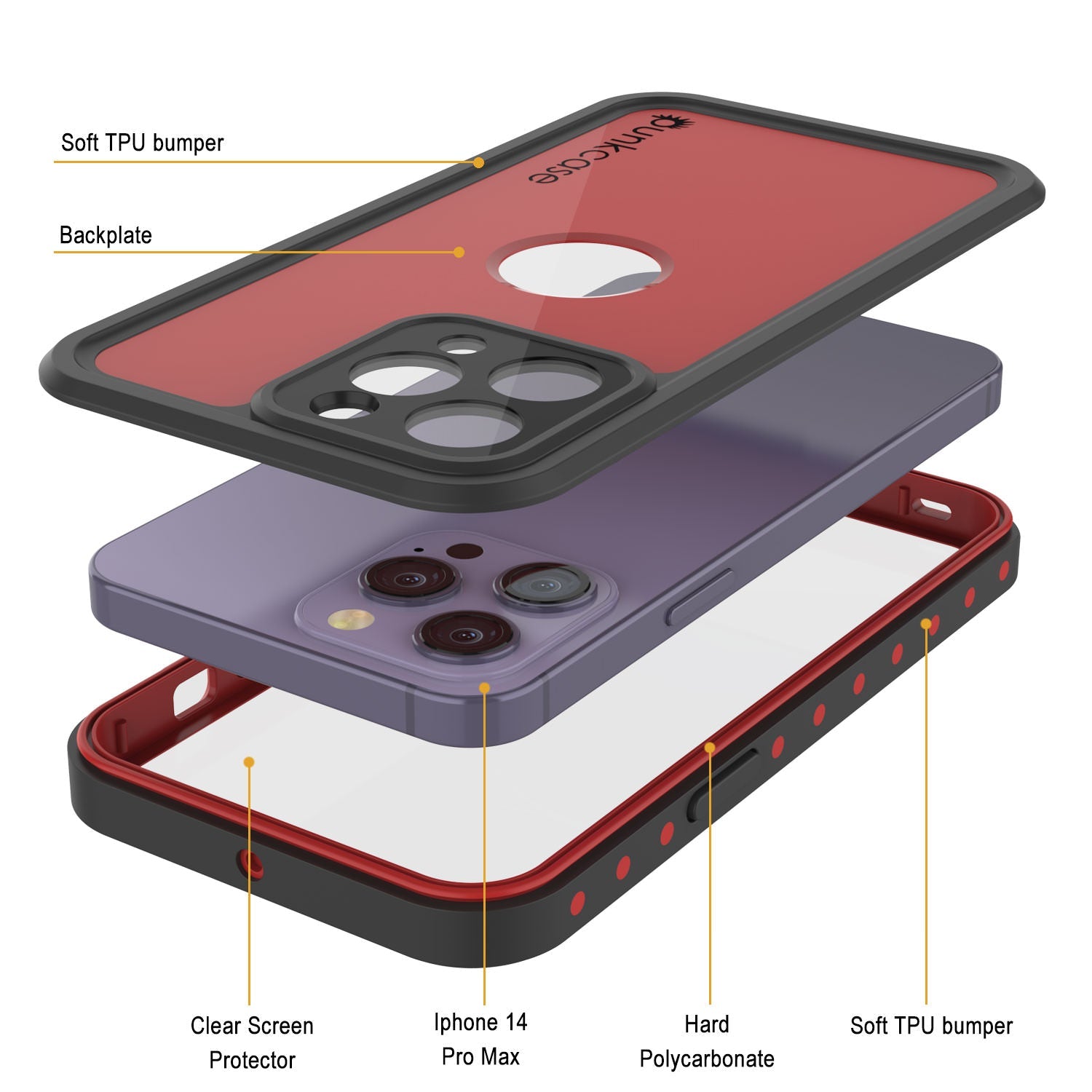 iPhone 14 Pro Max Waterproof IP68 Case, Punkcase [Red] [StudStar Series] [Slim Fit]