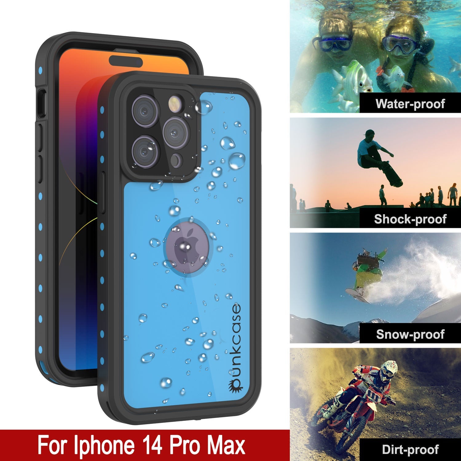 iPhone 14 Pro Max Waterproof IP68 Case, Punkcase [Light blue] [StudStar Series] [Slim Fit] [Dirtproof]