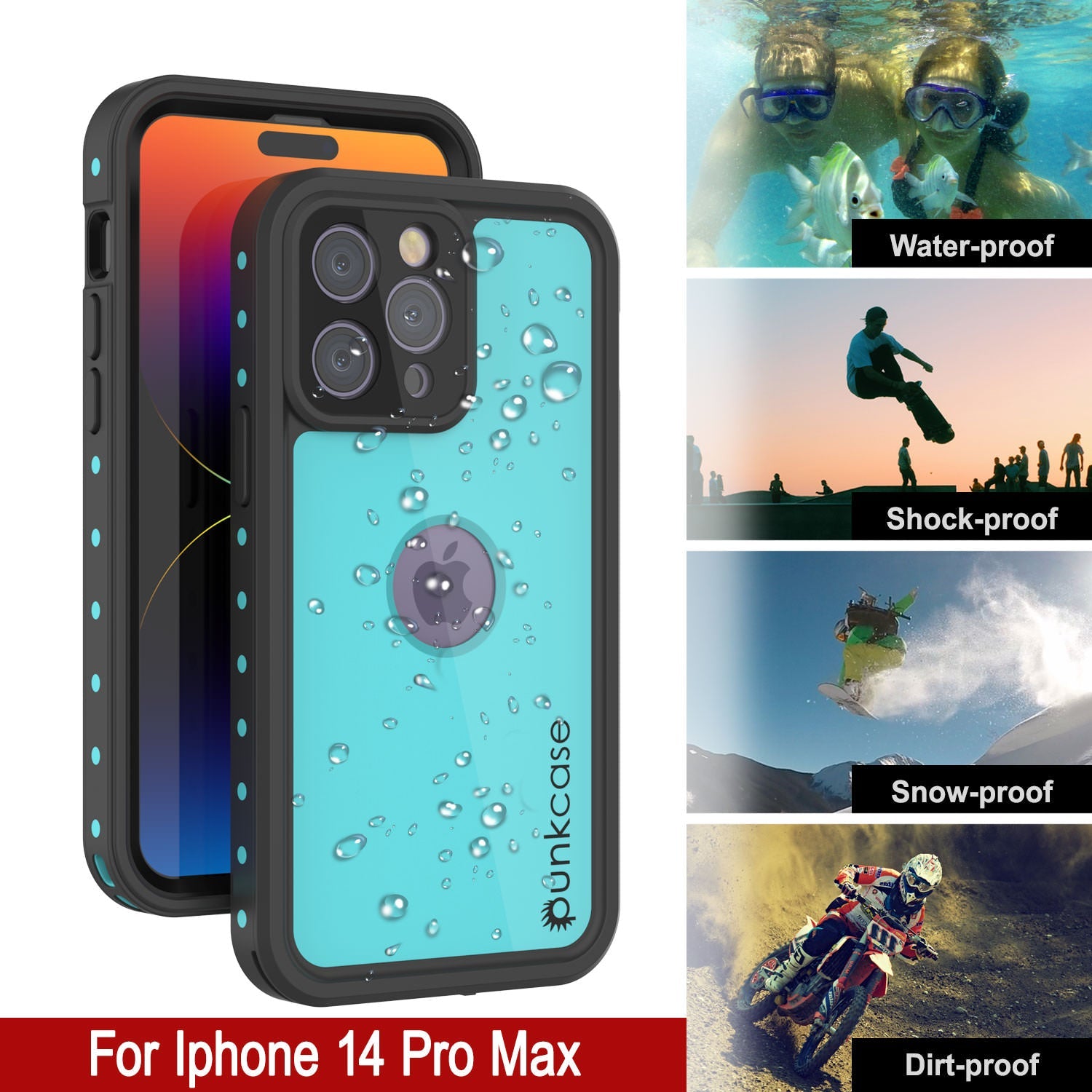 iPhone 14 Pro Max Waterproof IP68 Case, Punkcase [Teal] [StudStar Series] [Slim Fit]