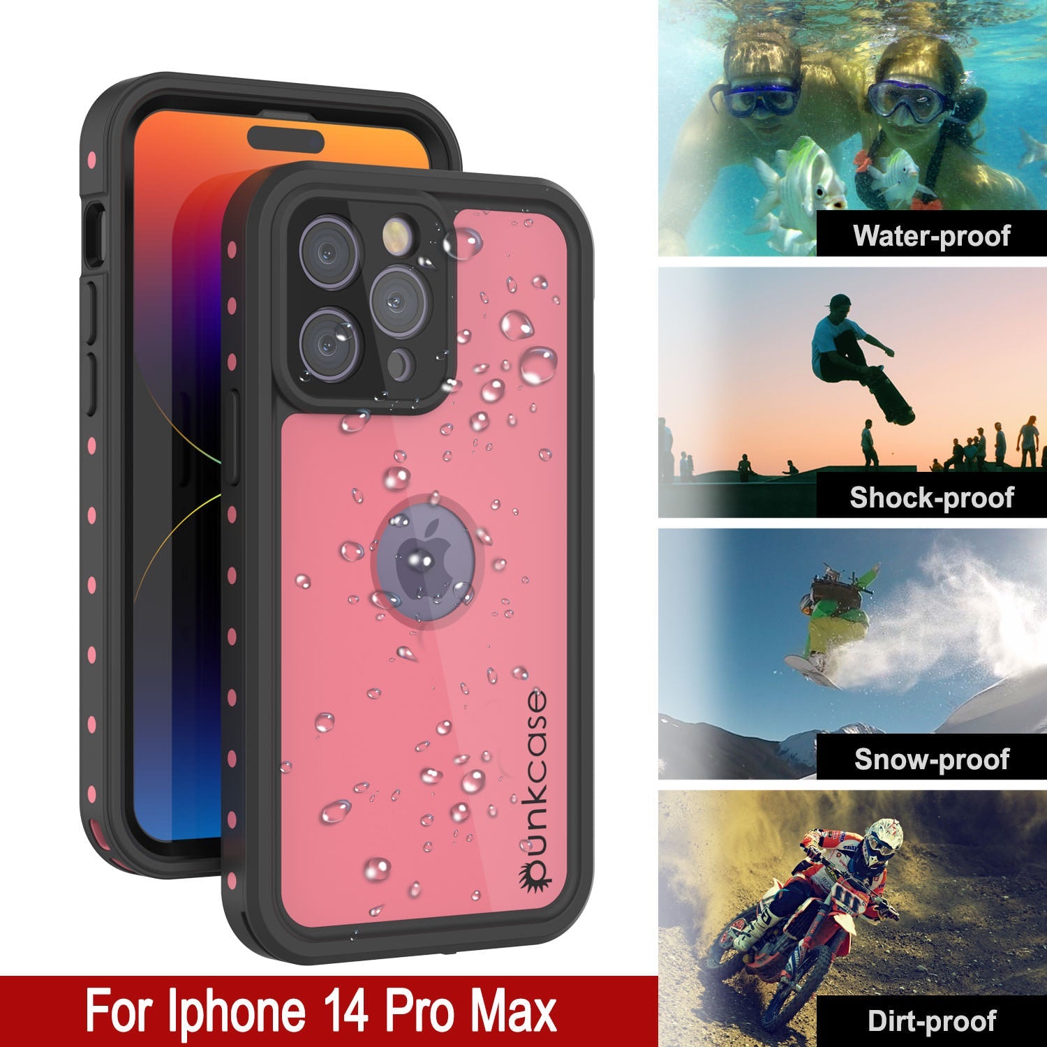 iPhone 14 Pro Max Waterproof IP68 Case, Punkcase [Pink] [StudStar Series] [Slim Fit] [Dirtproof]