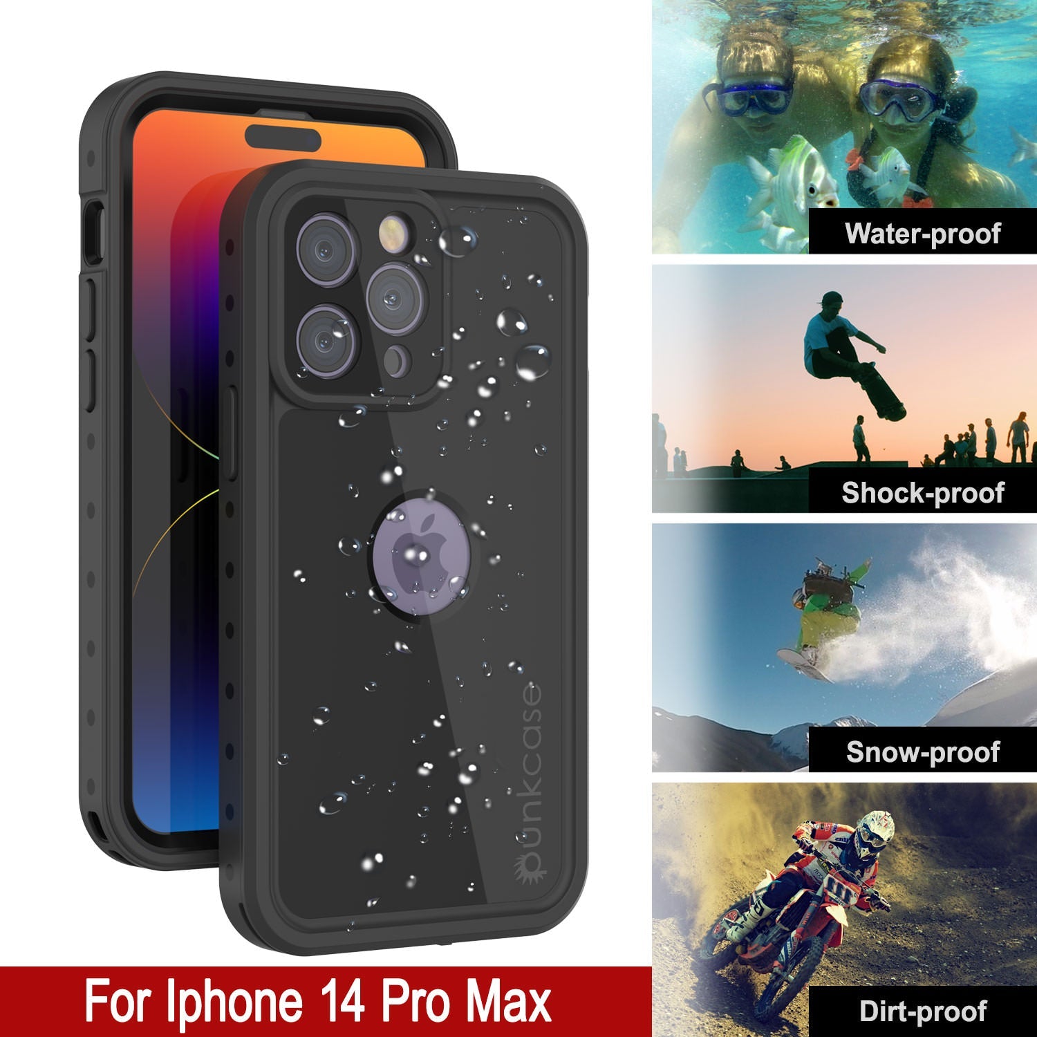 iPhone 14 Pro Max Waterproof IP68 Case, Punkcase [Black] [StudStar Series] [Slim Fit]