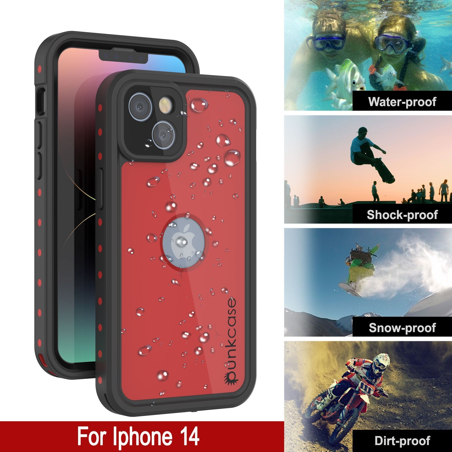 iPhone 14 Waterproof IP68 Case, Punkcase [Red] [StudStar Series] [Slim Fit]