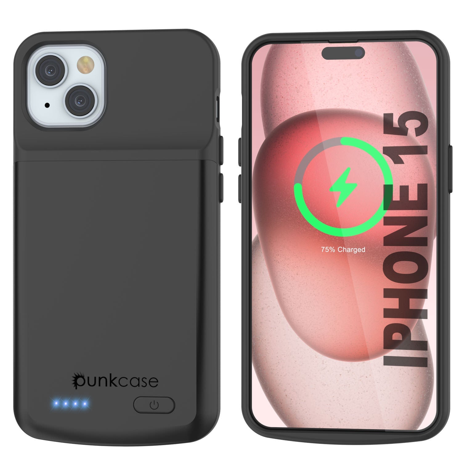 iPhone 15 Battery Case, PunkJuice 5000mAH Fast Charging Power Bank W/ Screen Protector | [Black]