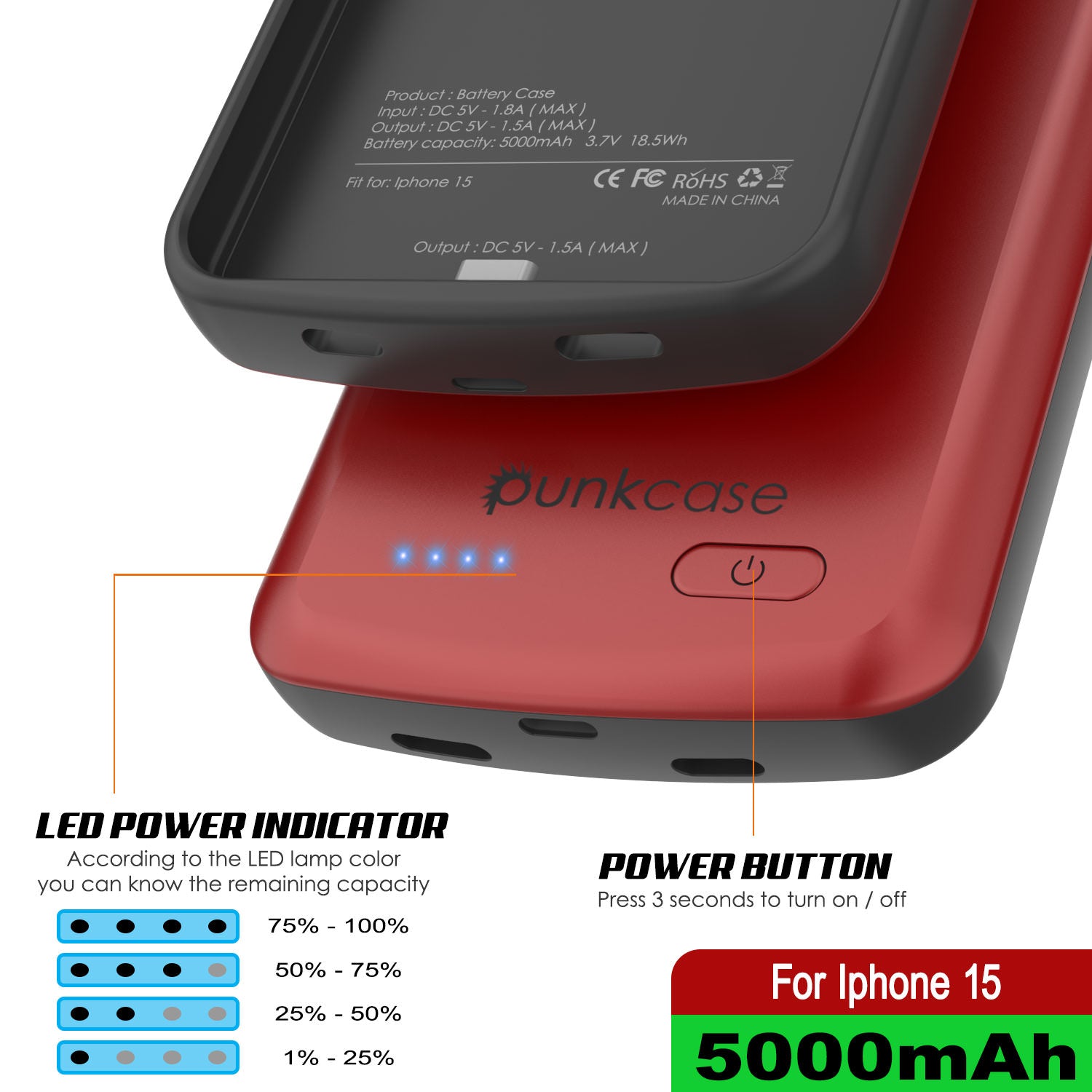 iPhone 15 Battery Case, PunkJuice 5000mAH Fast Charging Power Bank W/ Screen Protector | [Red]