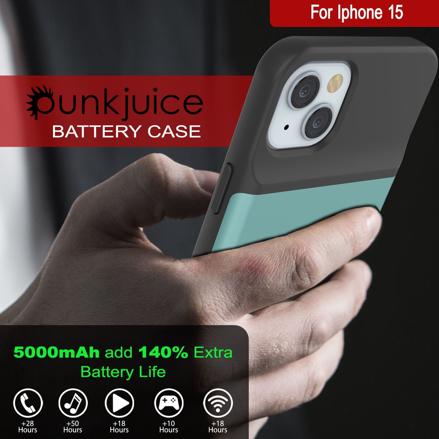 iPhone 15 Battery Case, PunkJuice 5000mAH Fast Charging Power Bank W/ Screen Protector | [Teal]