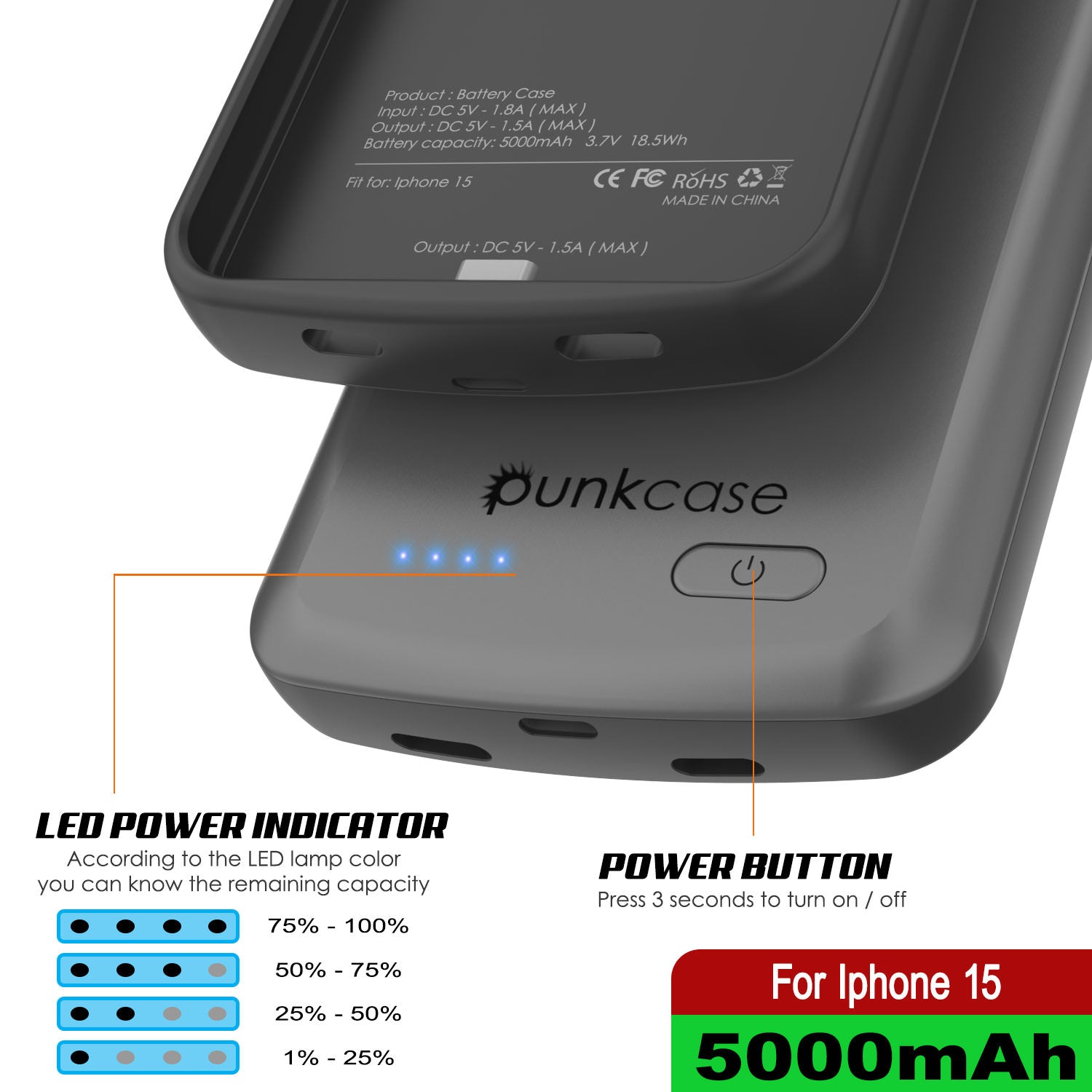 iPhone 15 Battery Case, PunkJuice 5000mAH Fast Charging Power Bank W/ Screen Protector | [Grey]