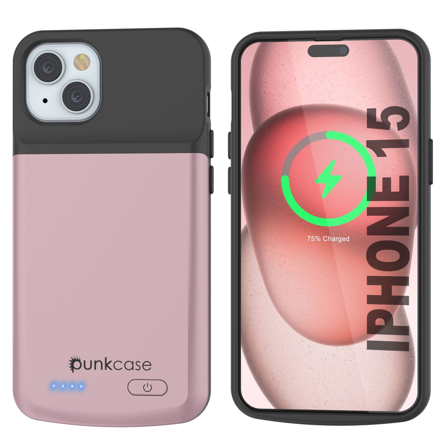 iPhone 15 Battery Case, PunkJuice 5000mAH Fast Charging Power Bank W/ Screen Protector | [Rose-Gold]