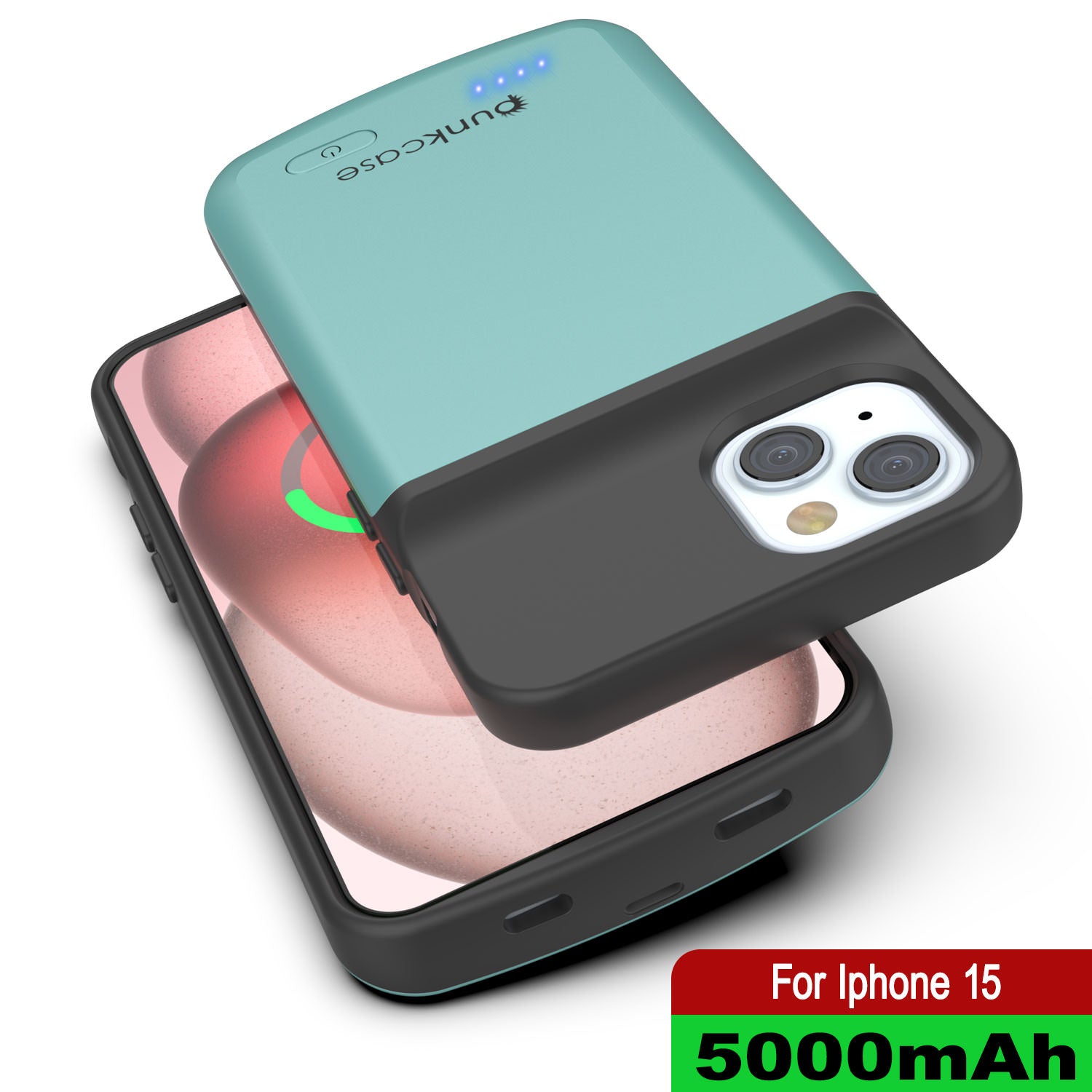 iPhone 15 Battery Case, PunkJuice 5000mAH Fast Charging Power Bank W/ Screen Protector | [Teal]