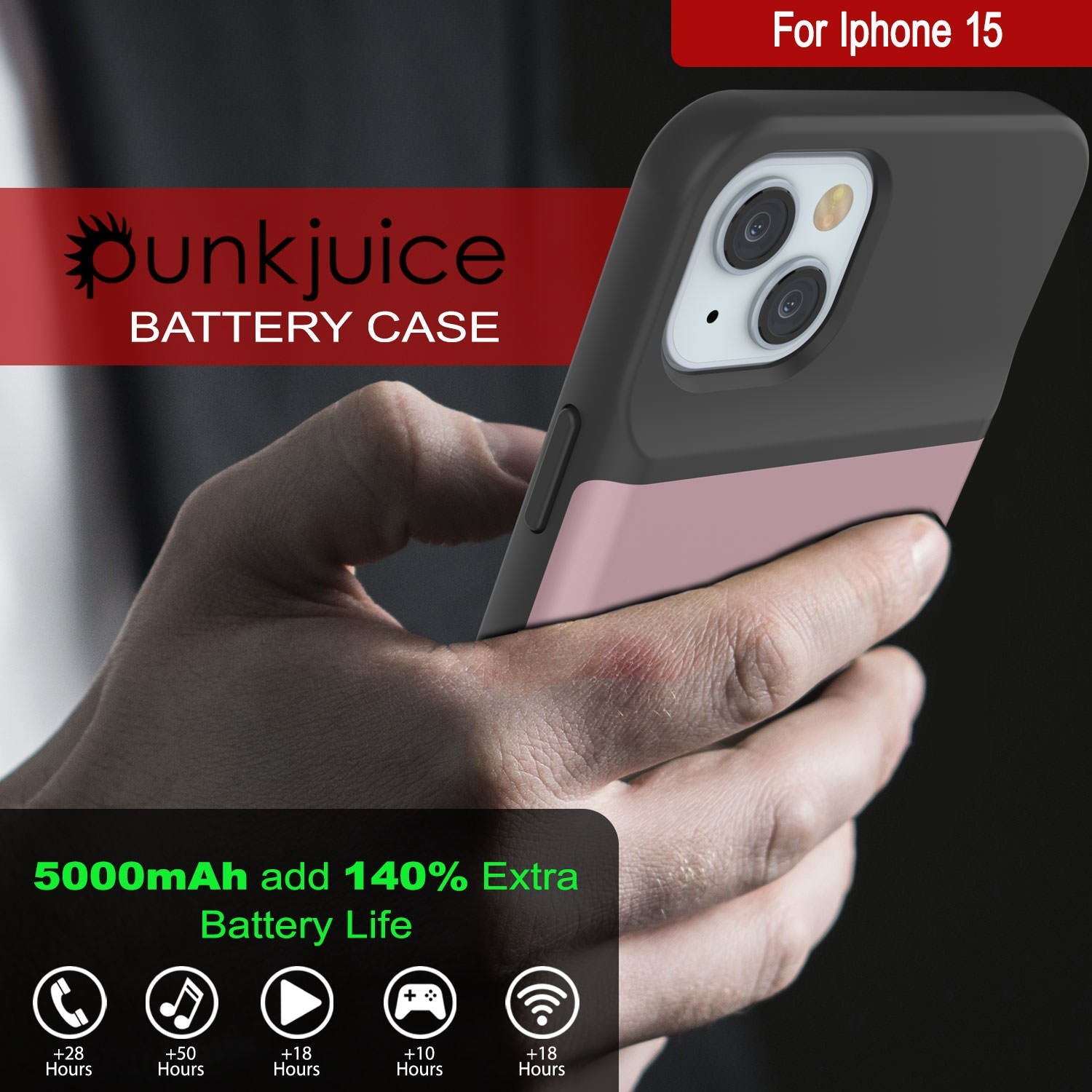 iPhone 15 Battery Case, PunkJuice 5000mAH Fast Charging Power Bank W/ Screen Protector | [Rose-Gold]