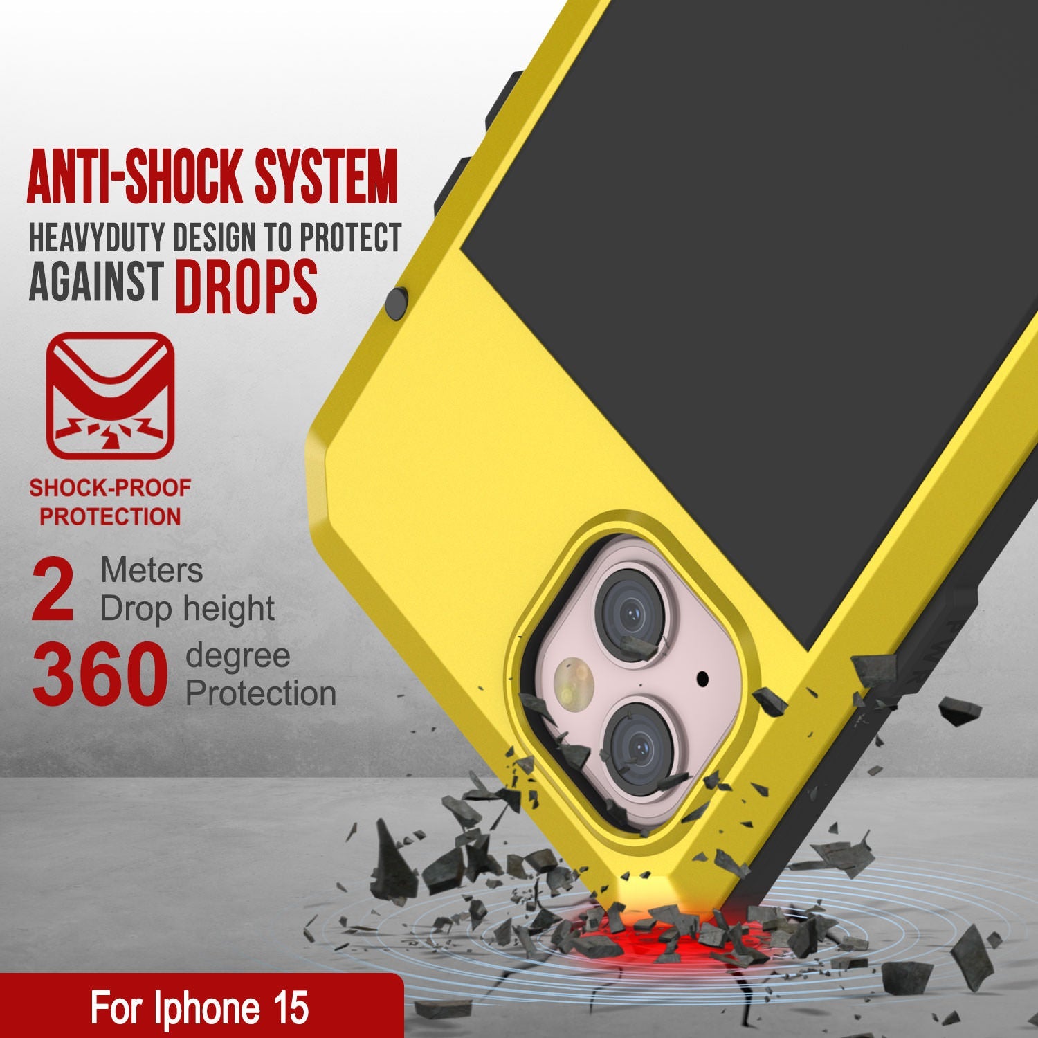 iPhone 15 Metal Case, Heavy Duty Military Grade Armor Cover [shock proof] Full Body Hard [Yellow]