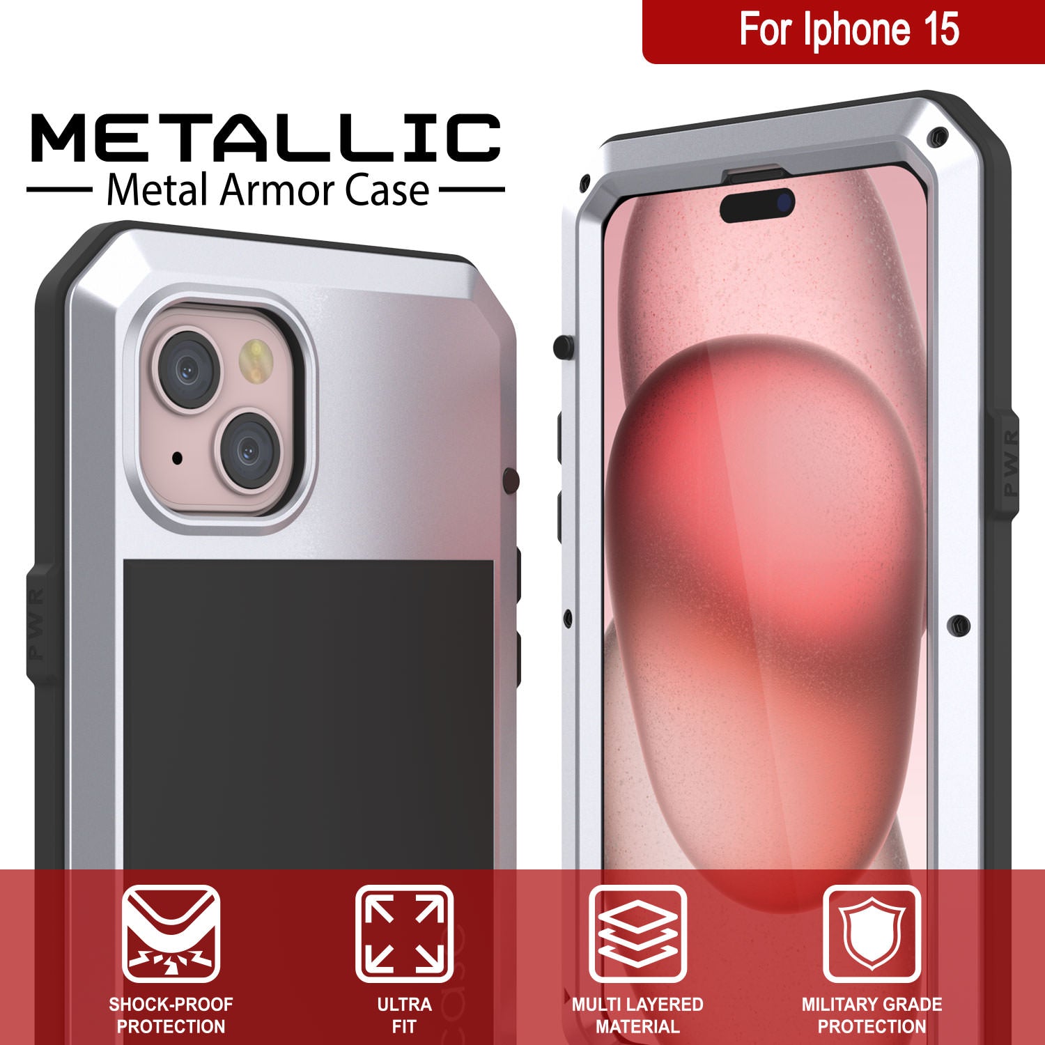 iPhone 15 Metal Case, Heavy Duty Military Grade Armor Cover [shock proof] Full Body Hard [White]