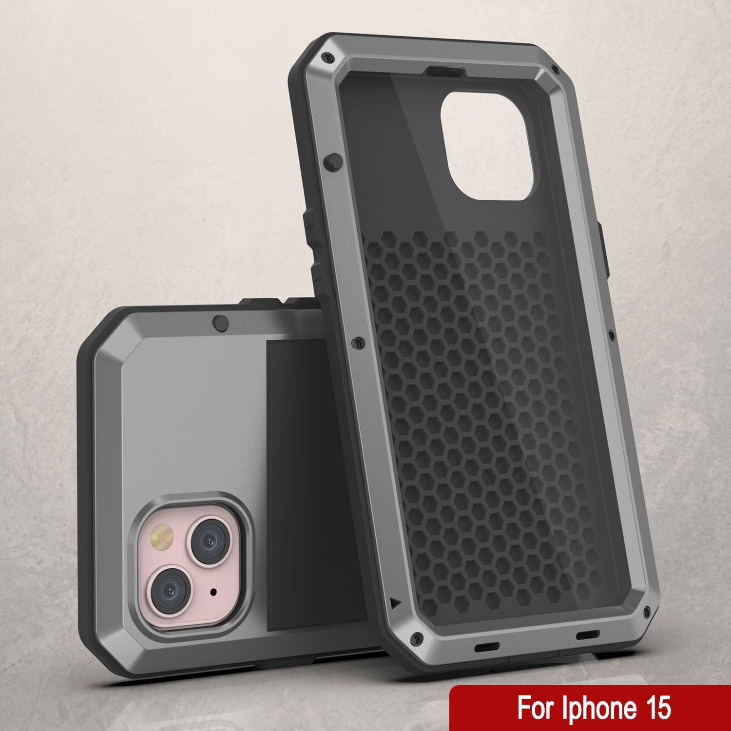 iPhone 15 Metal Case, Heavy Duty Military Grade Armor Cover [shock proof] Full Body Hard [Silver]