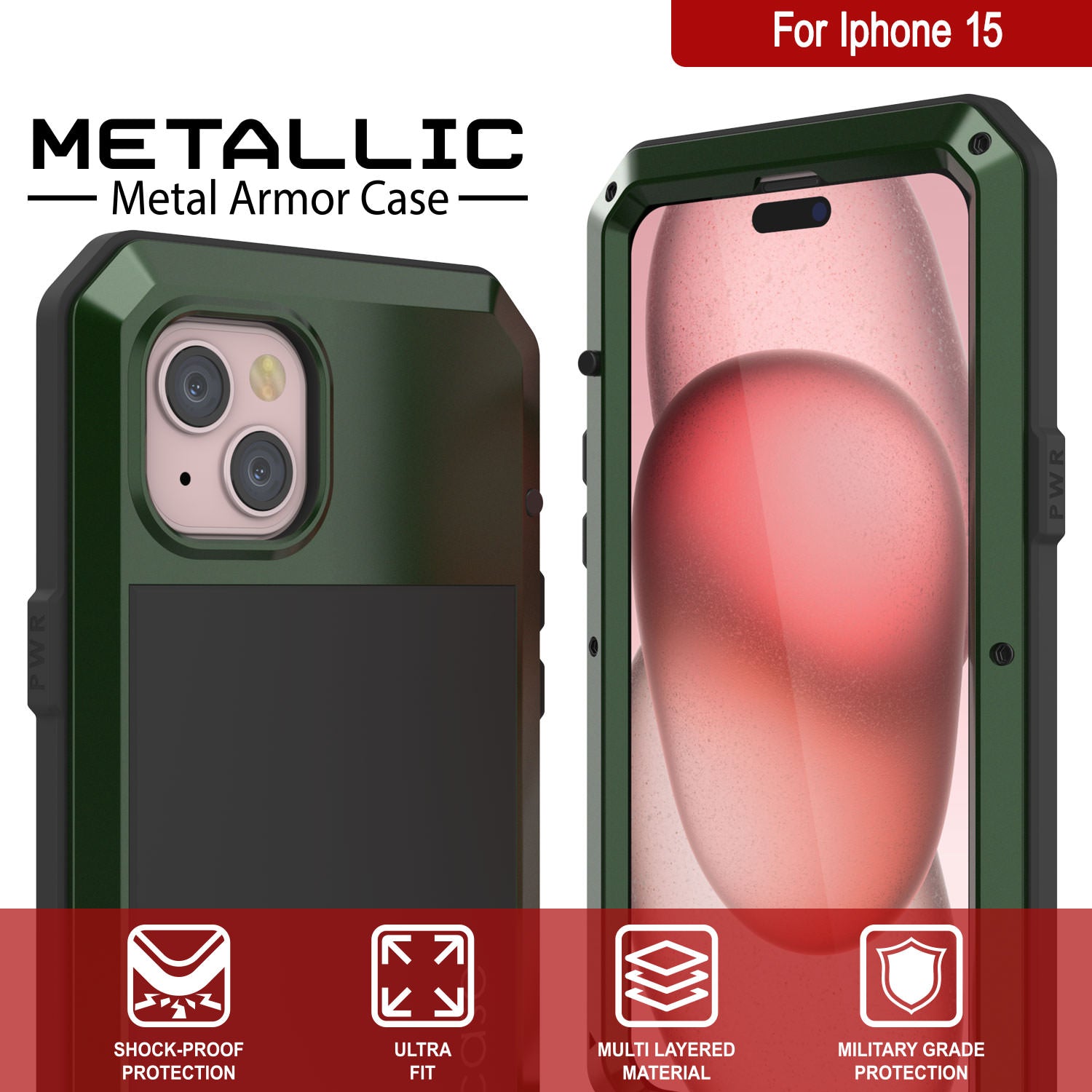 iPhone 15 Metal Case, Heavy Duty Military Grade Armor Cover [shock proof] Full Body Hard [Dark Green]