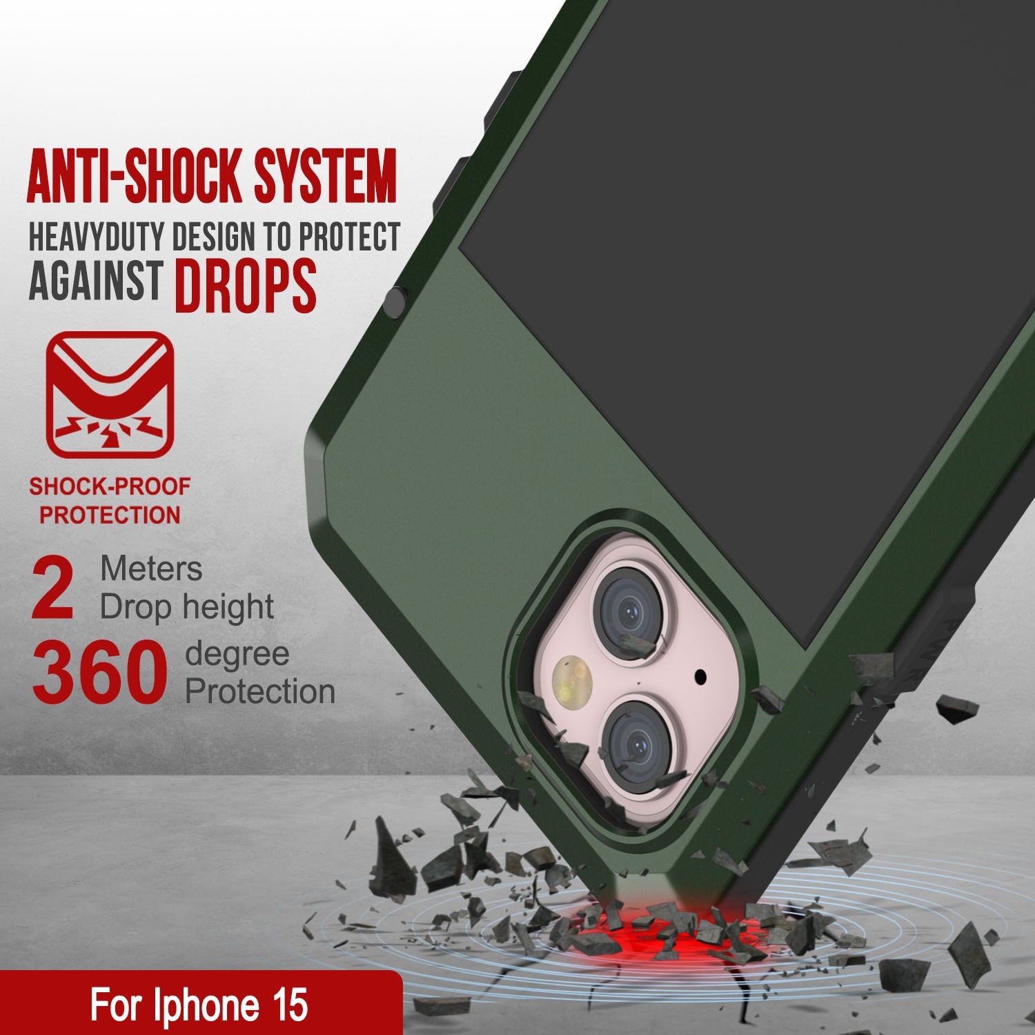 iPhone 15 Metal Case, Heavy Duty Military Grade Armor Cover [shock proof] Full Body Hard [Dark Green]