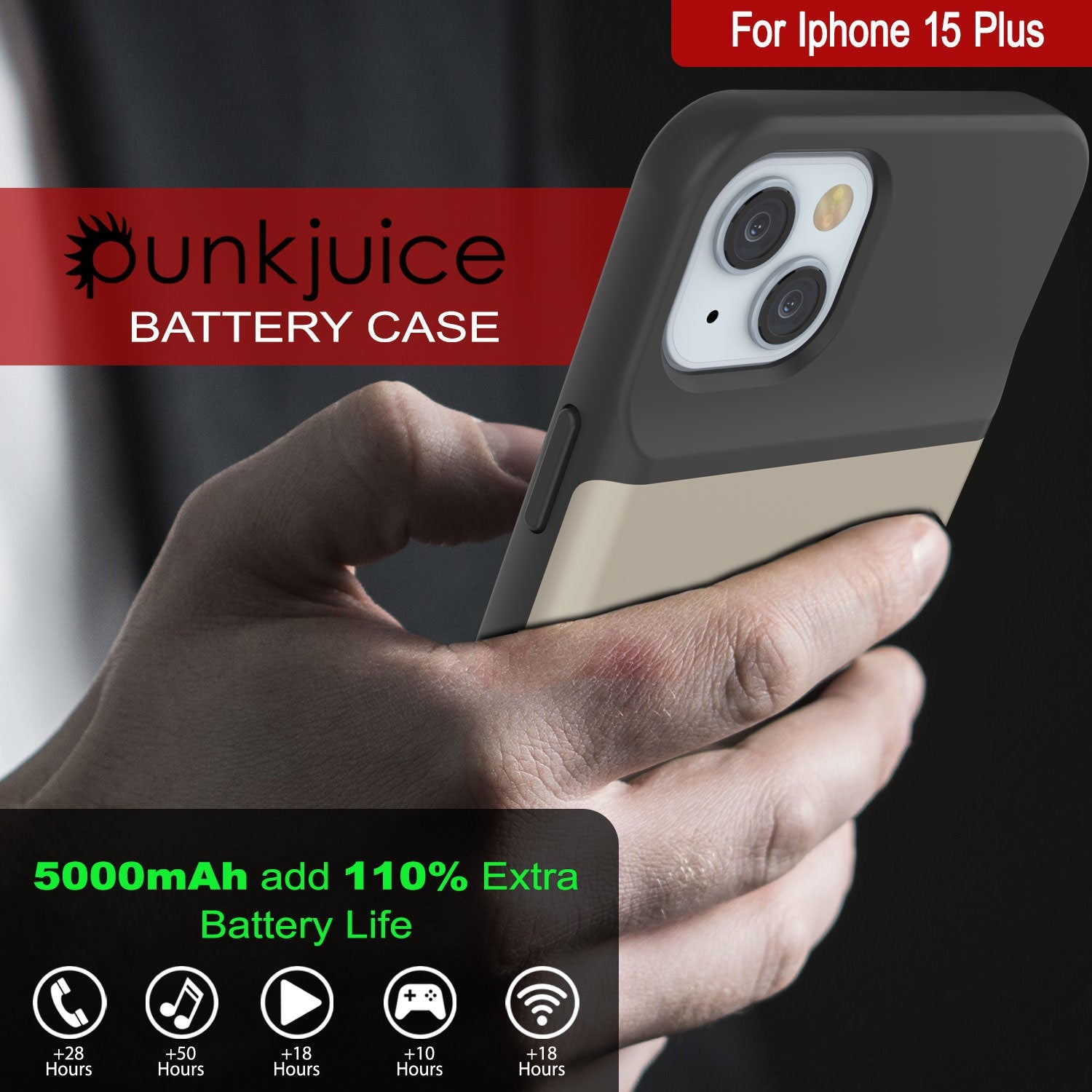 iPhone 15 Plus Battery Case, PunkJuice 5000mAH Fast Charging Power Bank W/ Screen Protector | [Gold]