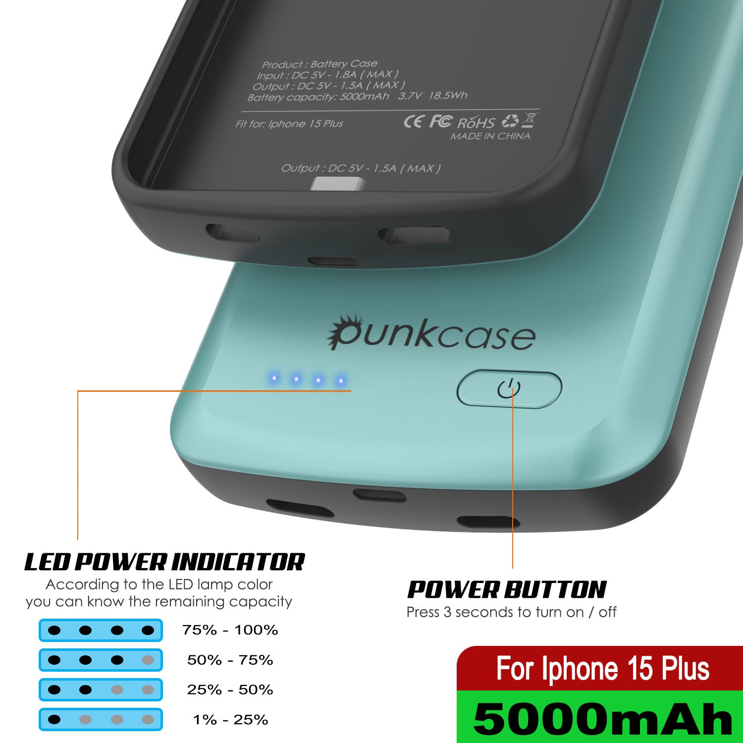 iPhone 15 Plus Battery Case, PunkJuice 5000mAH Fast Charging Power Bank W/ Screen Protector | [Teal]